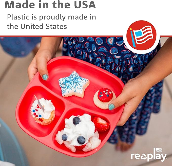 Re-Play Toddler Plates with Dividers - Deep-Walled 3 Compartments Divided Plates for Kids with 3 Lids - Dishwasher & Microwave Safe - Made in USA - Set of 3-7.37" x 7.37" x 1.25" - A True Blue