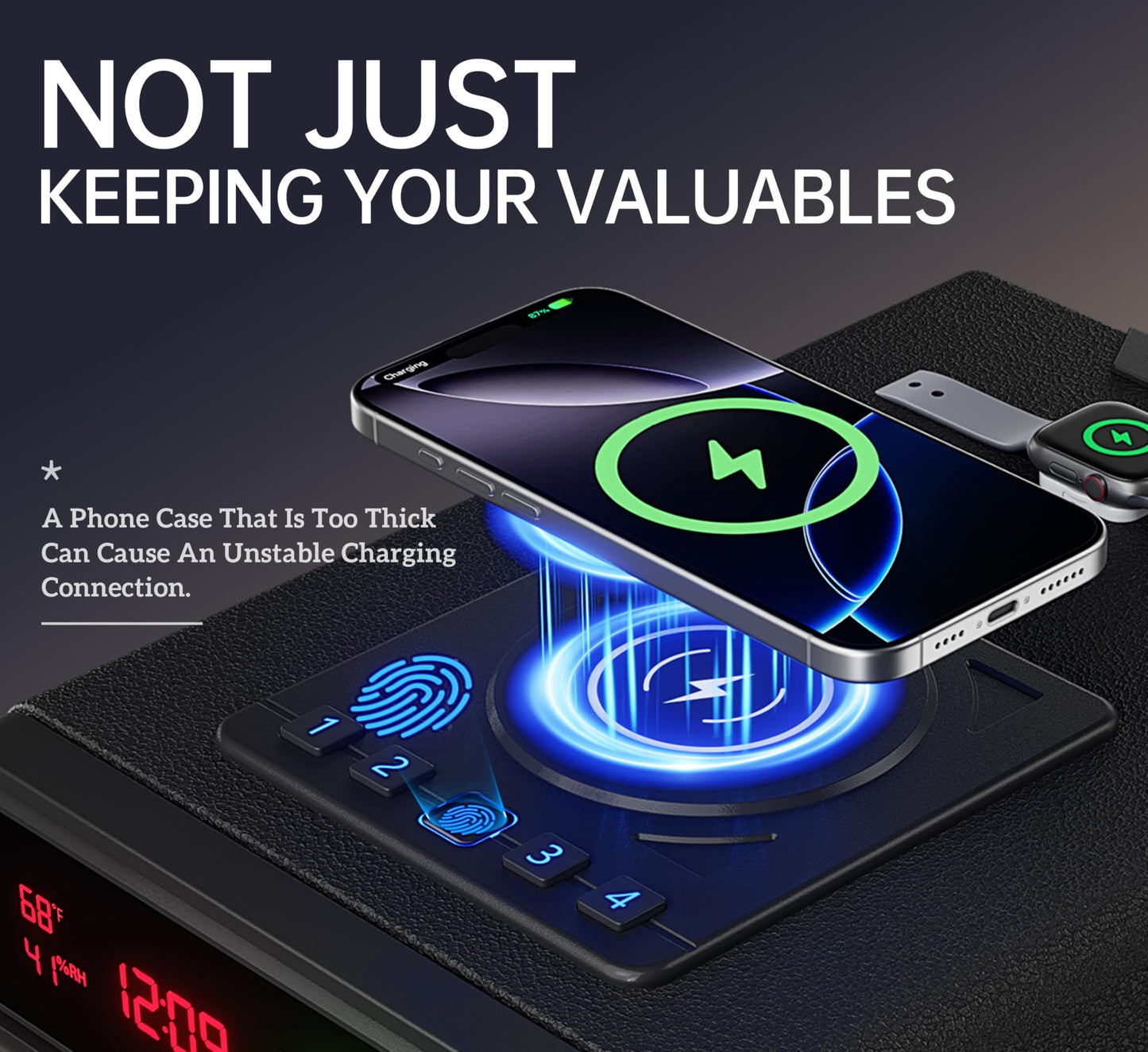 ORARAER Biometric Smart Gun Safe with Wireless Charging, 3 Quick Access Money Box with Fingerprint - Compact Bedside Drawer Safe, 24/7 Digital Clock handgun safe,Gifts for Men