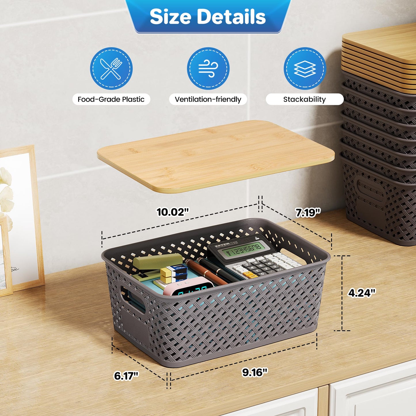 Anysig 8 Packs Plastic Storage Bins with Bamboo Lids - Stackable Storage Bins Decorative Small Basket Containers for Organizing Shelves Office Classroom Desktop Closet, Grey