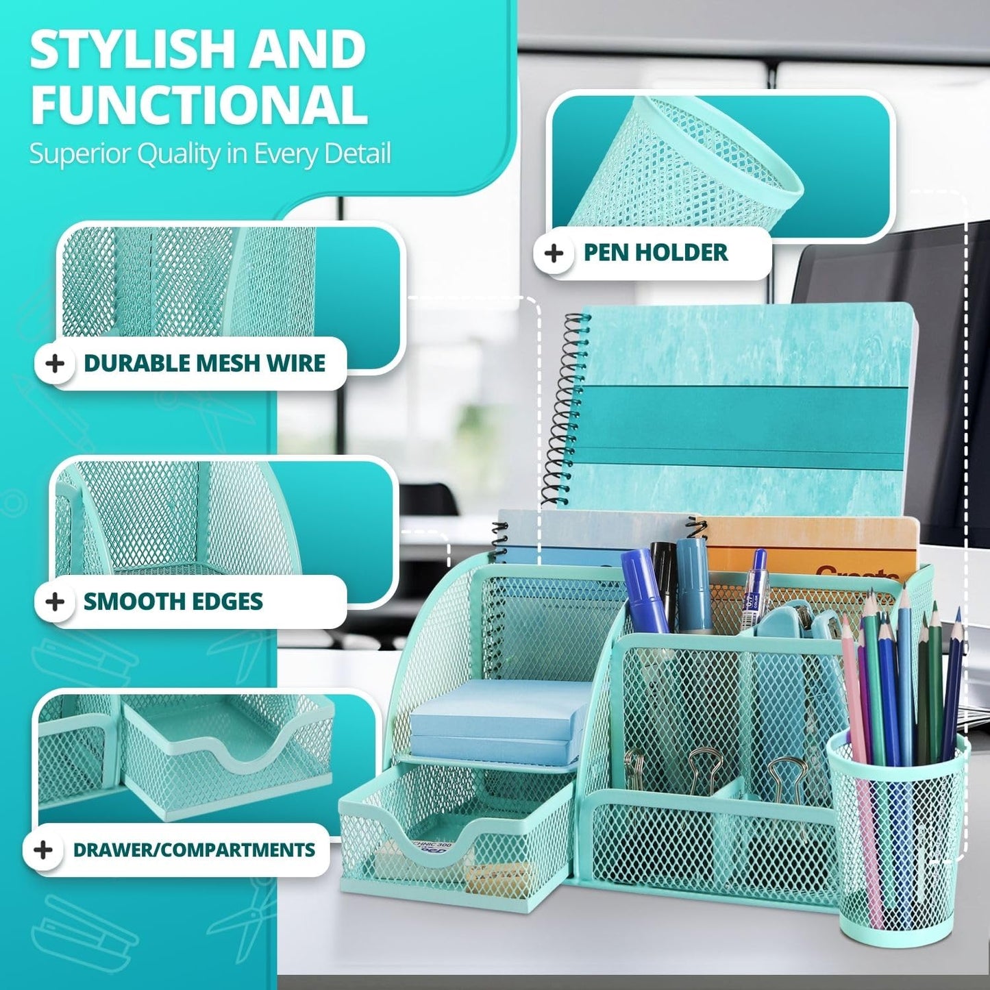 Flexzion Desk Caddy Organizer Set (Green) - Metal Mesh Desktop Caddy with Drawers, 6 Compartments, and Pencil Holder for Women & Men - Desktop Organizer and Storage for Work or Office Supplies