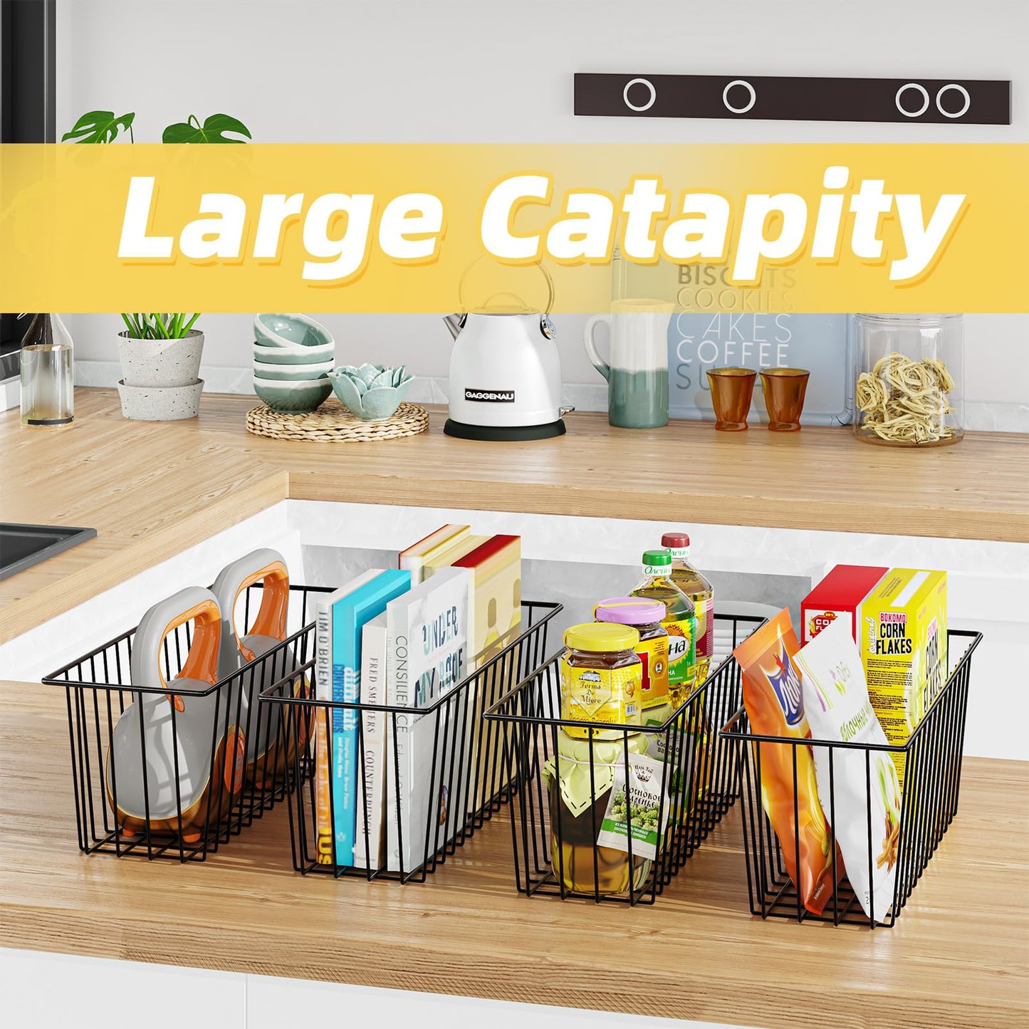 Simple Trending 6 Pack Wire Basket Wall Mount Baskets Hanging Baskets, Cabinets Organizer and Storage with Hooks for Kitchen, Garage and Bathroom