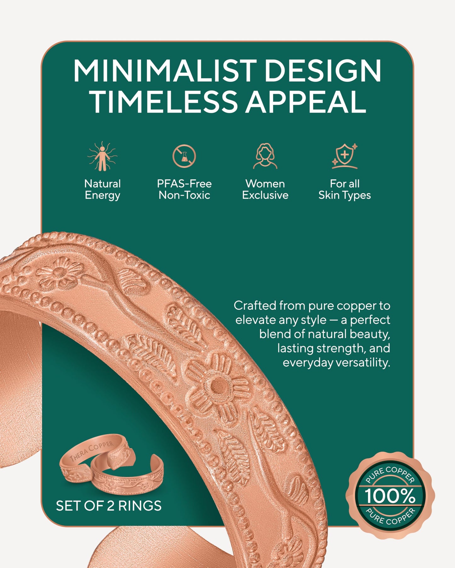 TheraCopper Pure Copper Rings for Women & Men (2-Pack) — 100% Pure Copper Ring — Raw, Solid & Uncoated Authentic Handmade Open-End Adjustable Ayurvedic Jewelry Rings (6mm Domed)