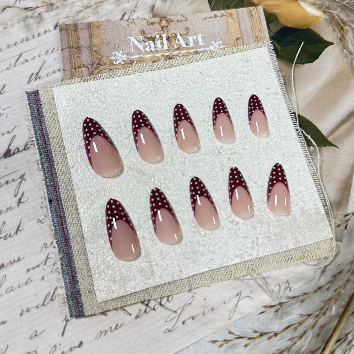 IMSOHOT Polka Dot Press on Nails Almond Medium Fake Nails Burgundy French Tips False Nails Full Cover Glossy Wine Red Acrylic Glue on Nails for Women