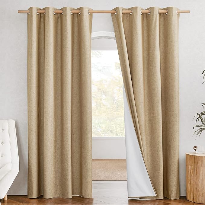 NICETOWN 100% Absolutely Blackout Linen Curtains with Thermal Insulated White Liner, Camel, W52 x L90, 2 Panels, Textured Linen Look Noise Reducing Window Treatments Drapes for Bedroom/Living Room