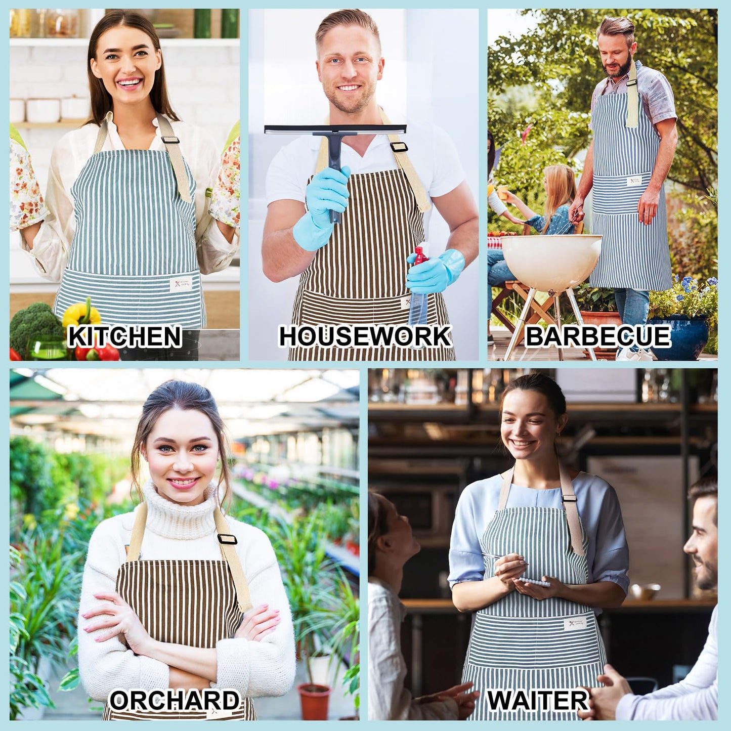 Janmercy 24 Pcs Aprons for Women Men with 2 Pockets Linen Cooking Kitchen Apron Adjustable Bib Chef Apron Bulk Aprons Unisex(Brown/blue,Thin Stripes)