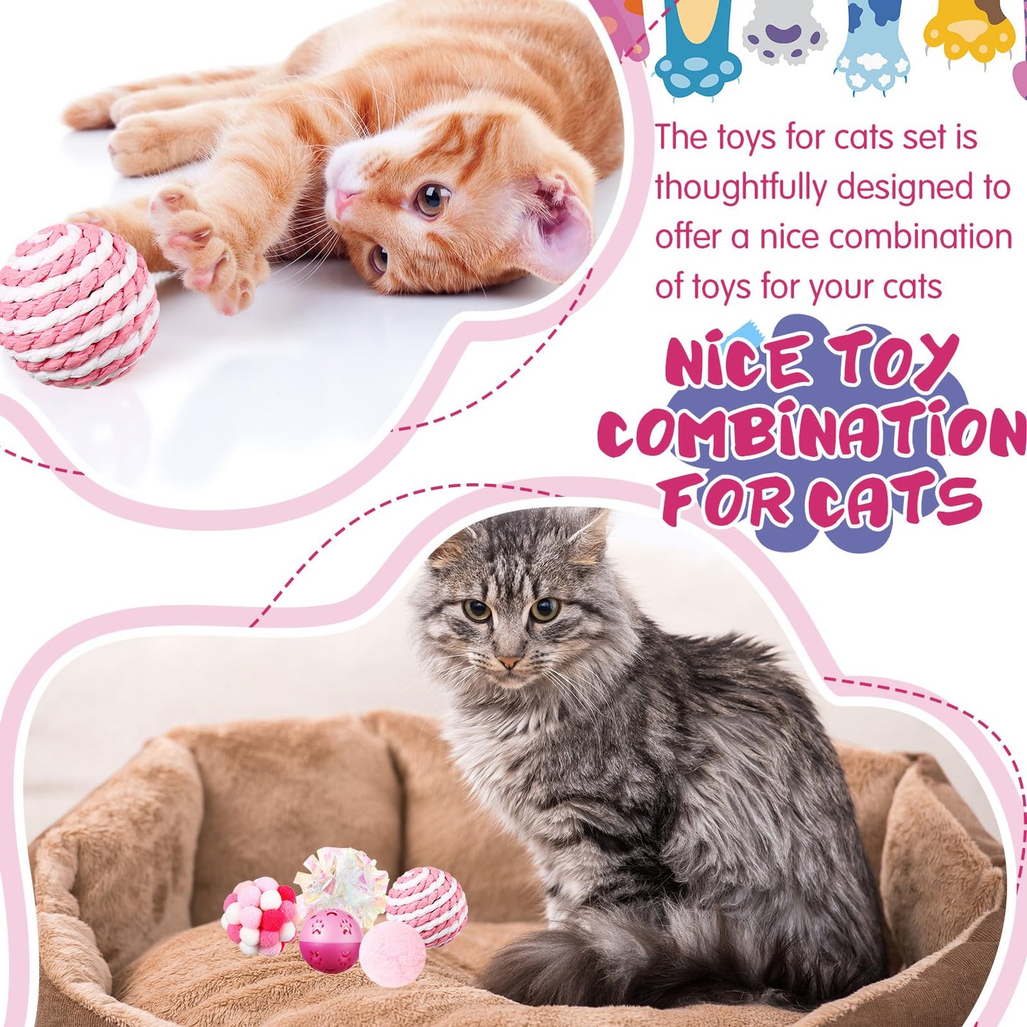 Gemscream 46 Pcs Cat Toys Set Interactive Cute Cat Toys Include Fur Mice Rattle Springs Crinkle Balls Pompom Bell Sisal Ball Puzzle Chase Toys for Kitten Indoor Stuff Gift(Pink)