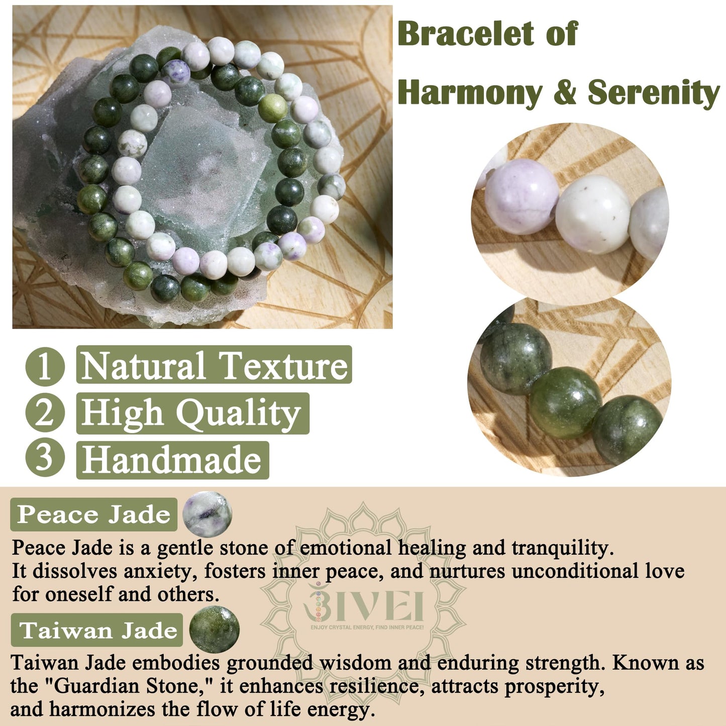 Bivei Natural Gemstone Semi Precious Healing Crystals Handmade Stretchy Round Beads Bracelet, Enhance Positive Energy,Stocking Stuffers for Women(Taiwan Jade & Peace Jade (Growth & Balance)(Large))