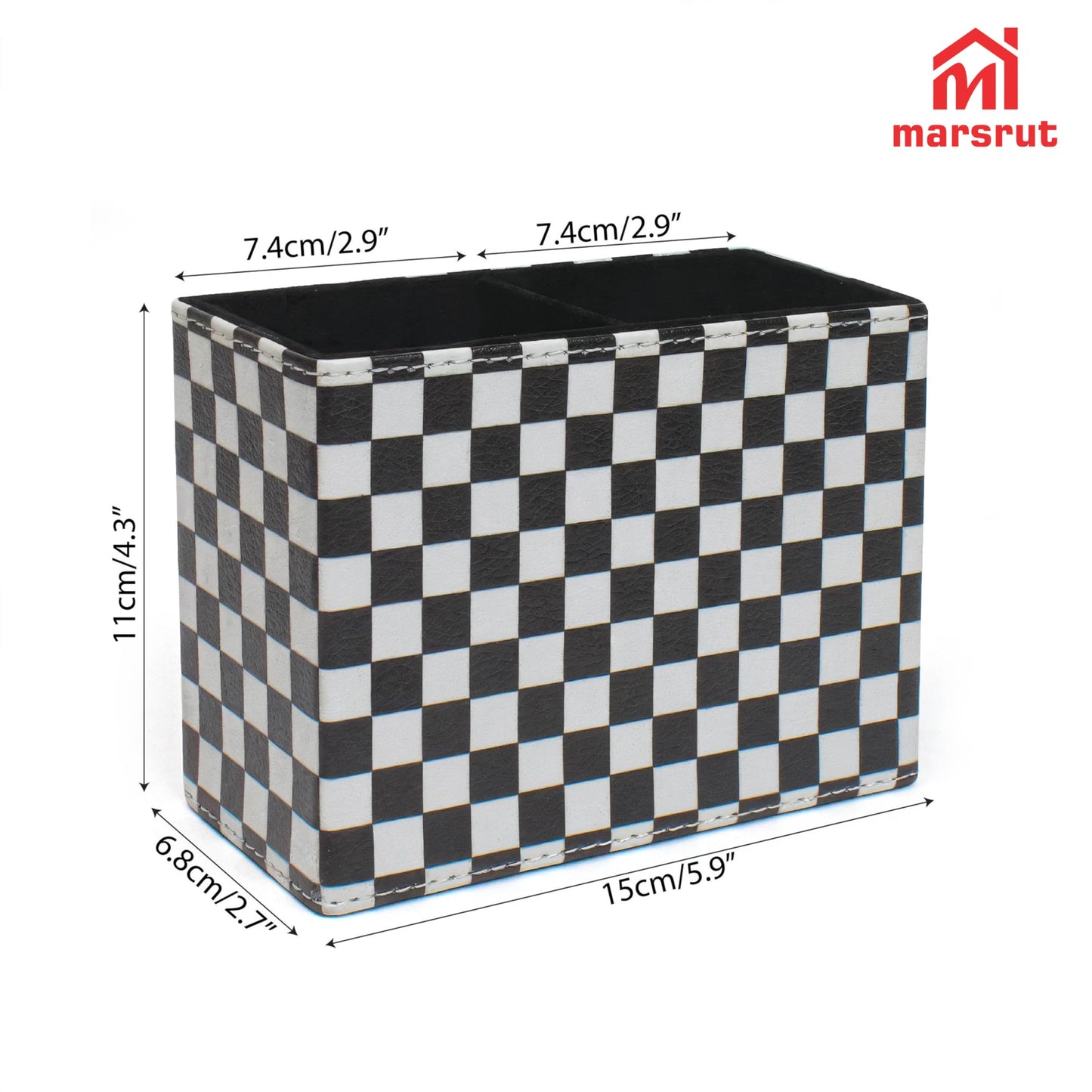 Checkered Pencil Box Desk Accessories for Office Decor, Desktop Pen Holder, Black White Racing Style Organizer Case Stand Cup Storage for Makeup Brush Study Table, with 2 Compartments, Sturdy Leather