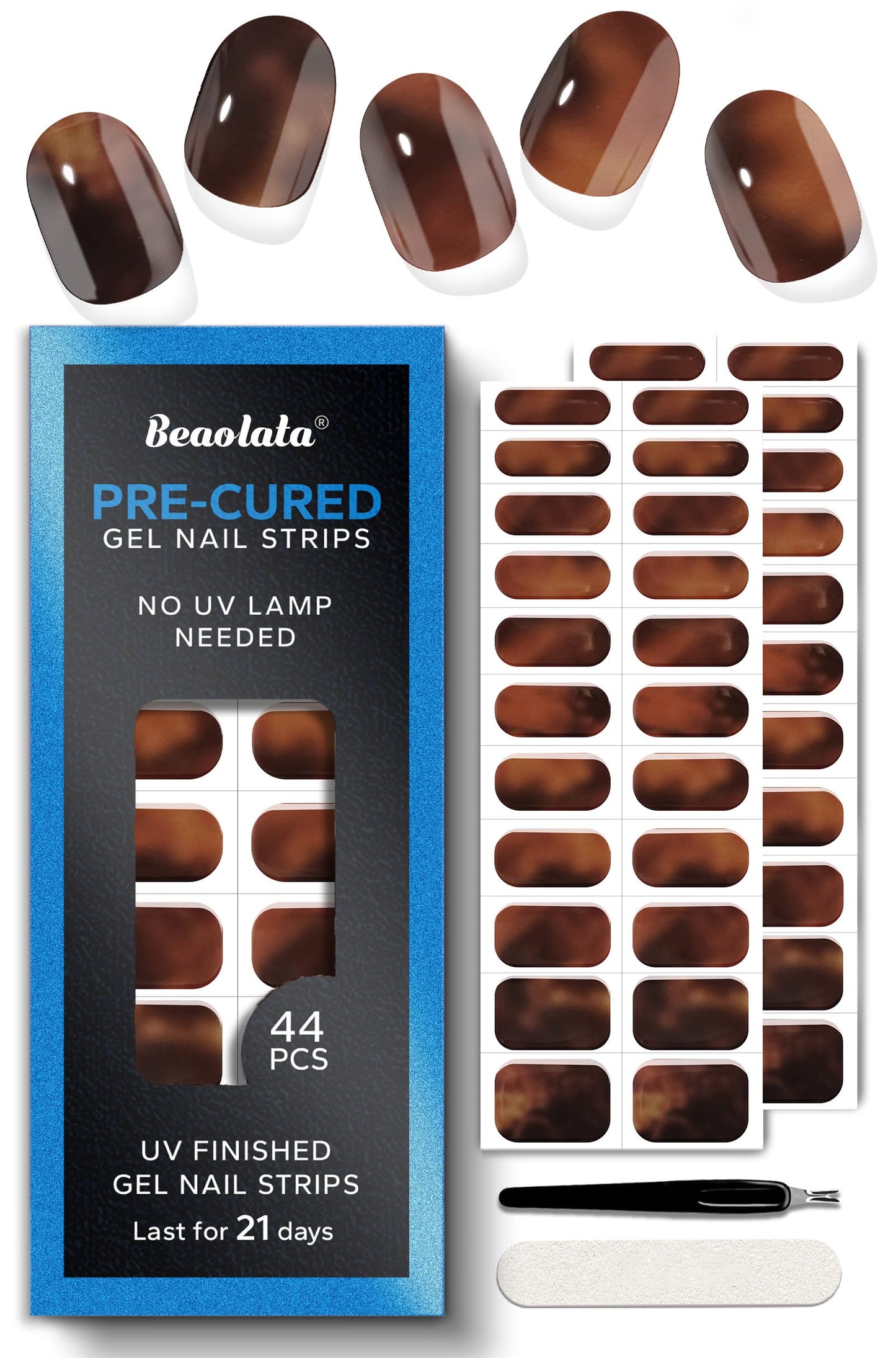 Beaolata Real Gel Nail Strips (No UV Light Needed) - 44Pcs Salon Quality Nail Stickers - Long Lasting Polish Wraps for Women, Easy Apply & Remove (Brown Leopard)