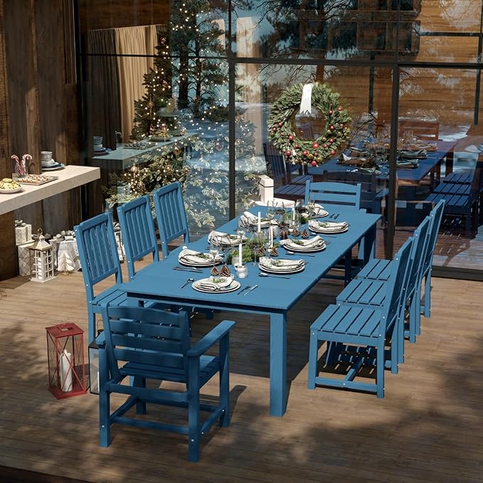 5-Piece Navy Blue Outdoor Dining Set with White 11FT Large Patio Umbrella, 75.2'' HDPE Table & Chairs for 8, Weather-Resistant Furniture with Umbrella Hole for Patio, Lawn, Poolside