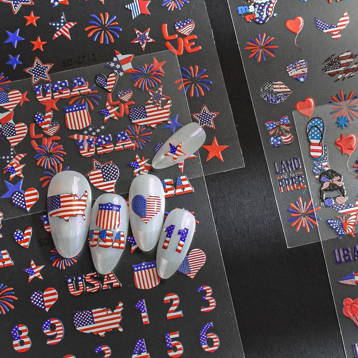 4th of July Nail Stickers 6 Sheets - 3D Embossed Red White & Blue Self-Adhesive Decals with American Flag, Stars & Fireworks, Independence Day DIY Manicure for Women