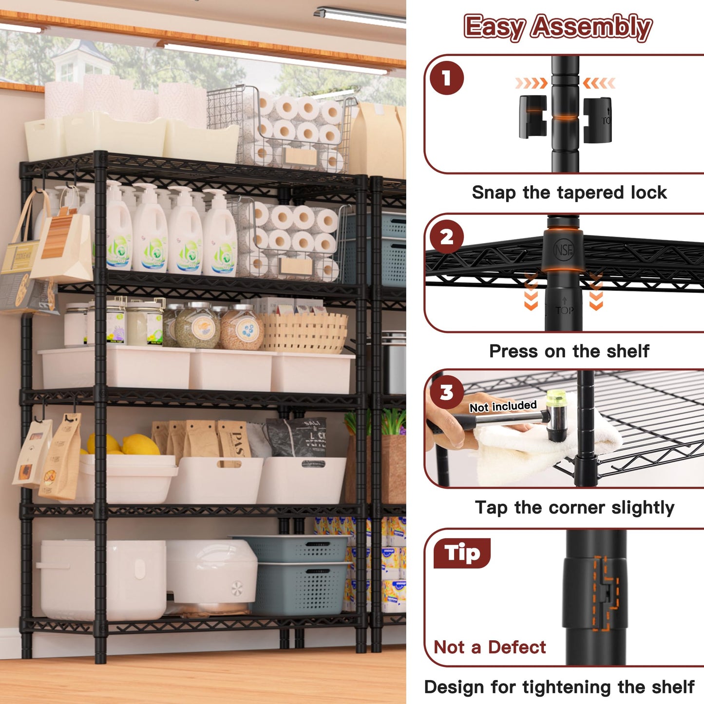 PrimeZone Wire Metal Storage Shelves - 5 Tier Adjustable NSF-Certified Heavy Duty Garage Shelving Unit Organizer Rack, Steel Utility Shelf for Kitchen, Pantry, Closet, 35.5" W x 14" D x 72" H, Black