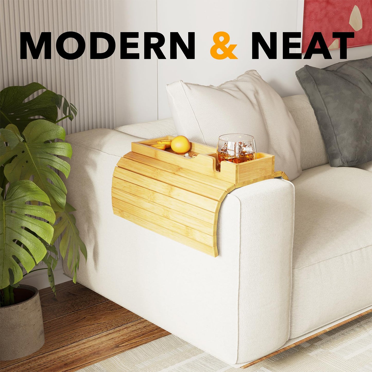 SpaceAid Bamboo Couch Cup Holder, Anti Falling Foldable Sofa Armrest Tray with Cup Holder, Couch Arm Side Table Organizer for Drink Cup Remote Snacks (Natural)
