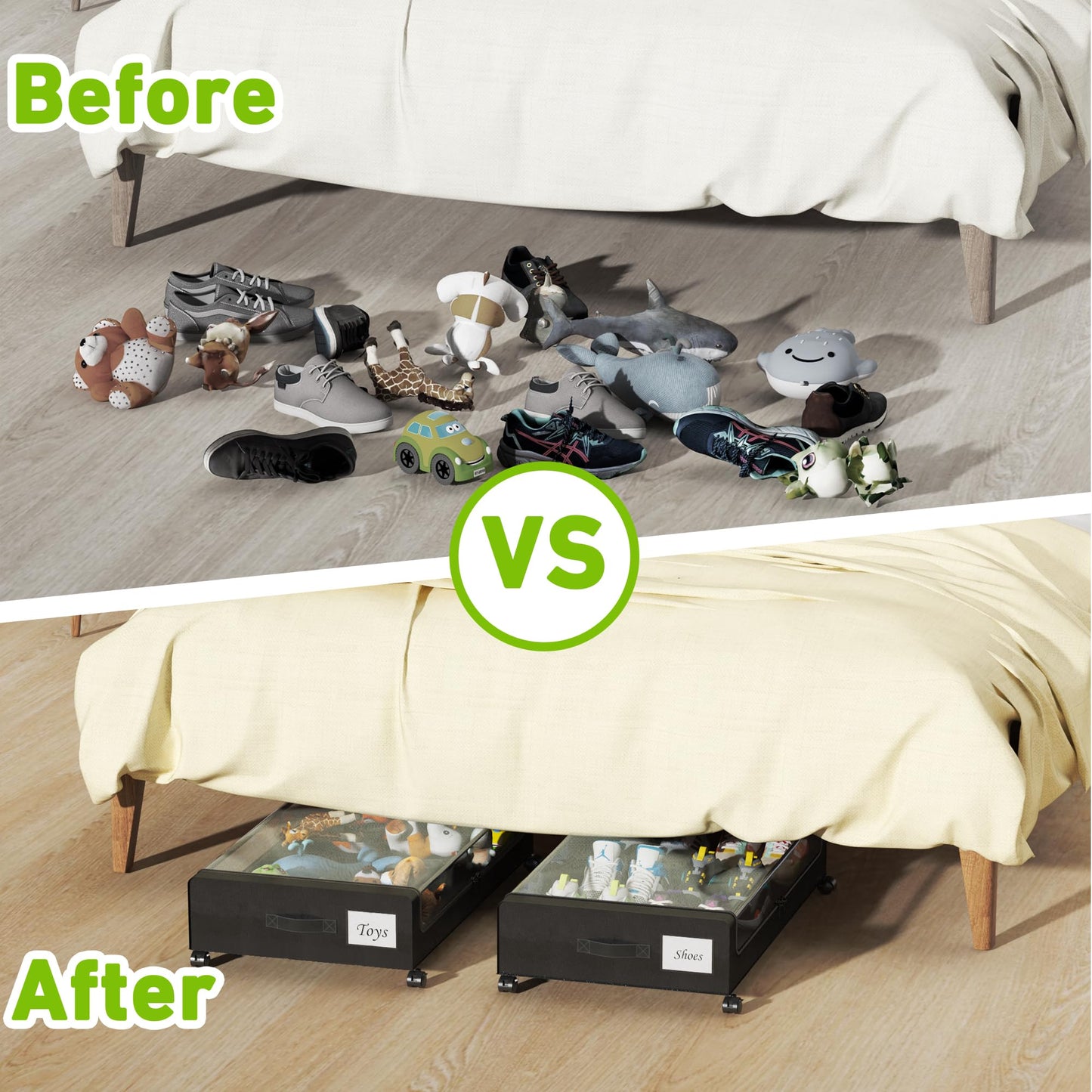 Tututry Under Bed Storage with Wheels, XXL 60L Under the Bed Storage Bins, Underbed Storage Containers with Lids & Label, Rolling Metal Drawer for Shoes, Clothes, Books, Toys (2-Pack Black)