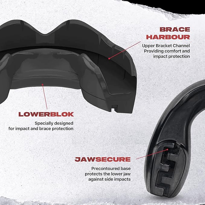 SAFEJAWZ Mouthguard for Braces, Upper & Lower Protection Remoldable Mouth Guard with Case for Boxing, Basketball, Football, MMA, Lacrosse, Hockey and All Contact Sports One Size (Black)