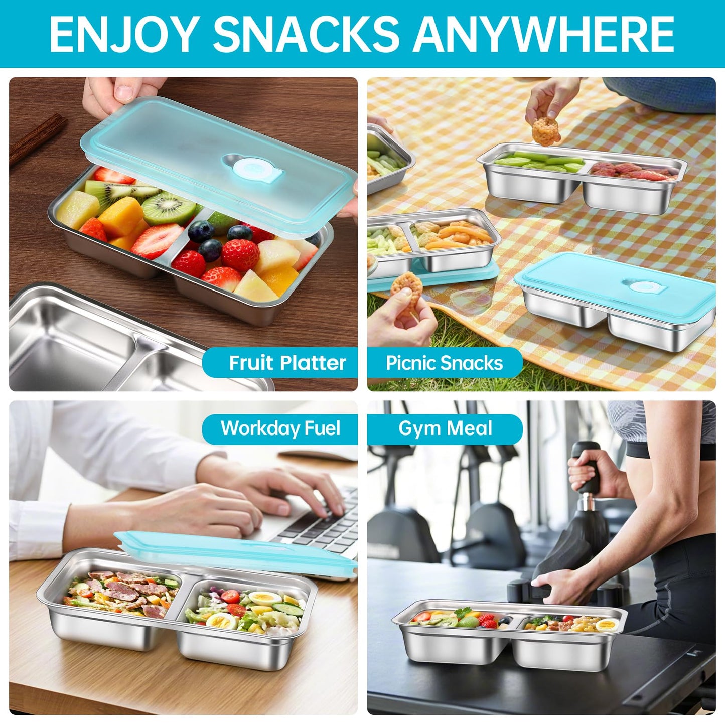 Tikmos 4 Pack Stainless Steel Snack Containers Reusable, Grab and Go 2 Compartment Food Storage Meal Prep Containers with Lids Stackable for Travel Camping School Lunch, Gifts for Gym Home Cooks