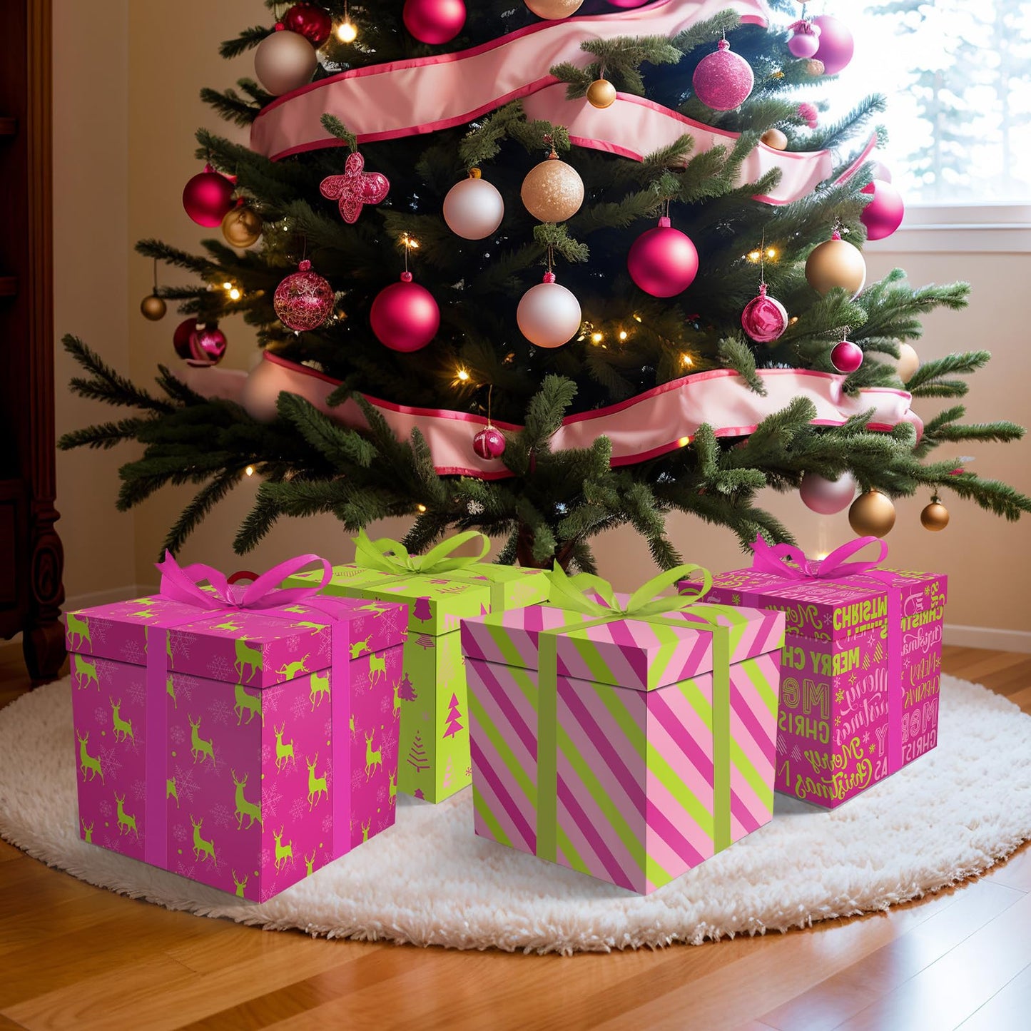 Cinrobiye 4 Pcs Christmas Gift Boxes with Lid,Ribbon and Tissue Papers,9" Black and White Christmas Winter Square Cardboard Box for Gift Wrapping Holiday Present Birthday Assorted Design (Green Pink)
