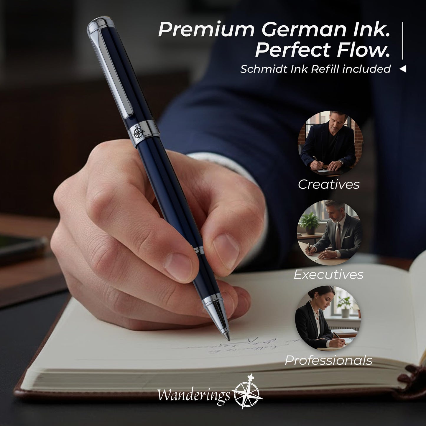 WANDERINGS Premium Rollerball Pen with German Ink – Perfectly Balanced for a Superb Writing Experience, Chrome Accents – Blue Breeze - Includes a Schmidt Refill in a Giftable Presentation Case