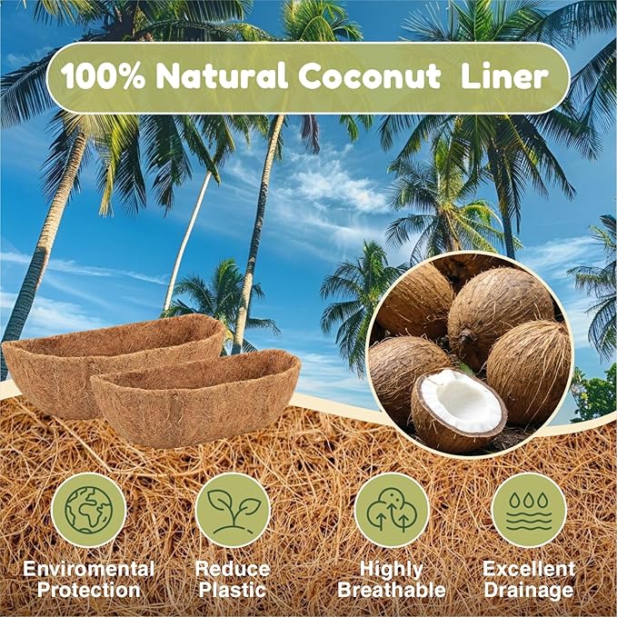 2 Pcs 36 Inch Trough Coco Liner for Window Box, 100% Natural Half Moon Coconut Coir Planter, Replaceable Coconut Fiber Liner for Window Boxes & Fence Flower Baskets (2, 36 inch)