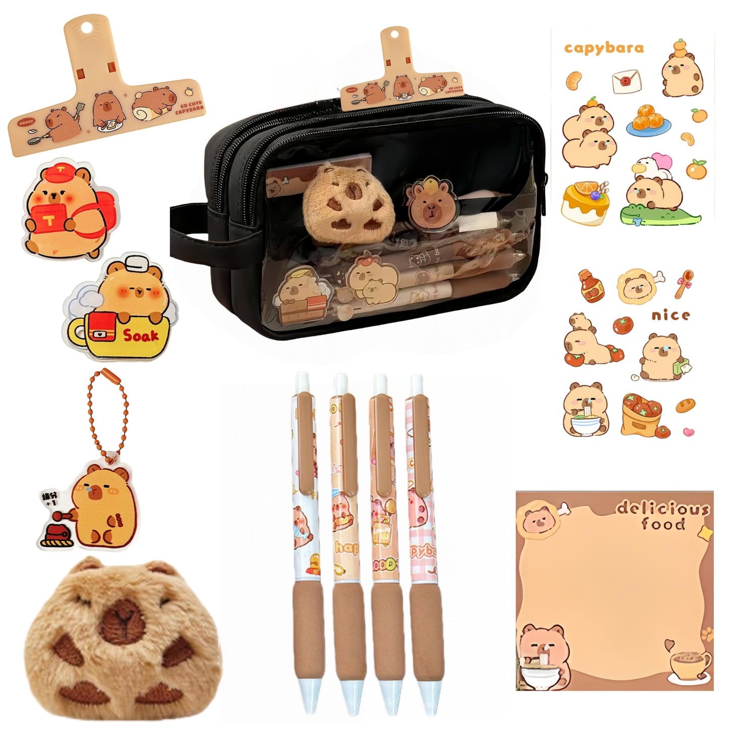 IN Chenthy Kawaii Capybara Pencil Case Kit with Plush +Notepad+Pendant+Stickers+Binder clips+Diary Clip+Pens, 5-Layer Large Capacity Capybara Stationery Set Gifts for Office, Makeup. (Black)