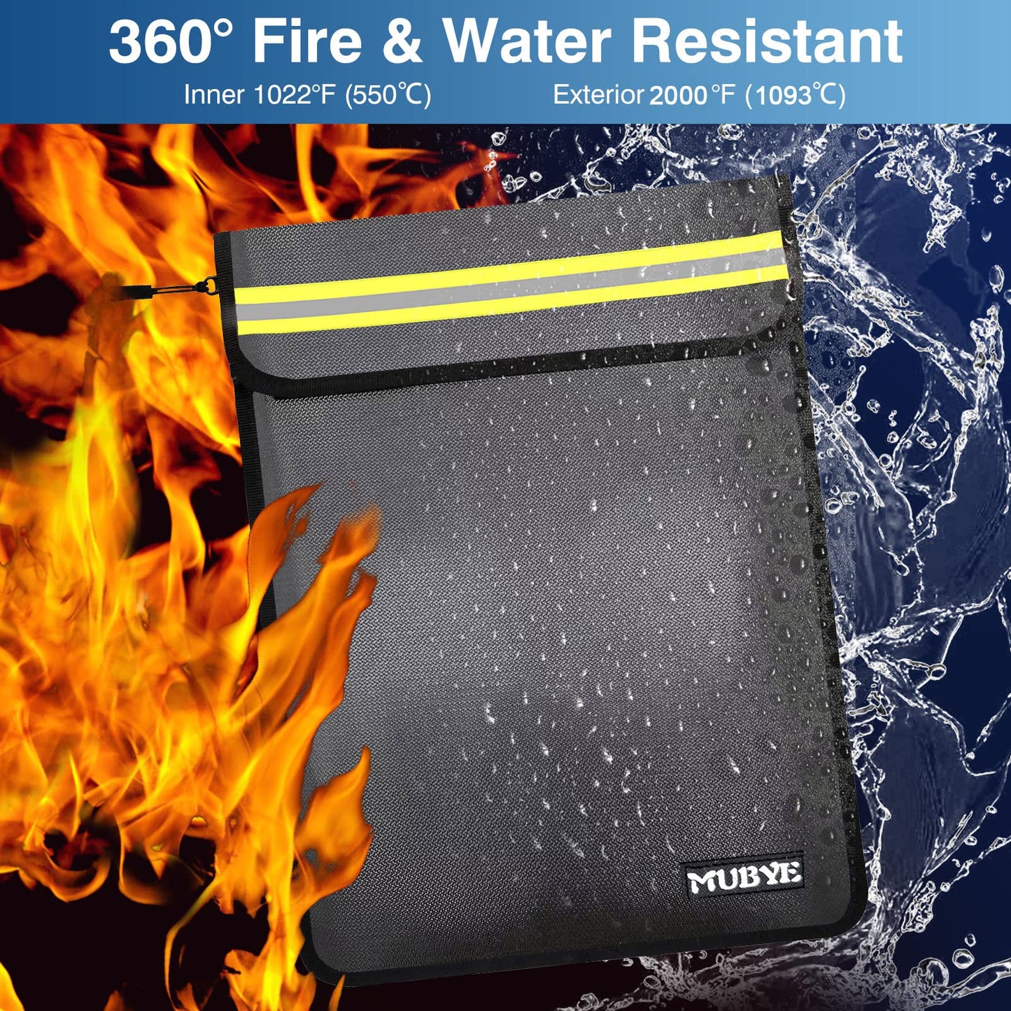 Fireproof Waterproof Money Document Bag - 15"x 11" Safe Zipper Bags with Reflective Strip, Fire & Water Proof Storage Organizer Pouch for Important Documents Holder,File,Cash,Passport(Black+Gray)