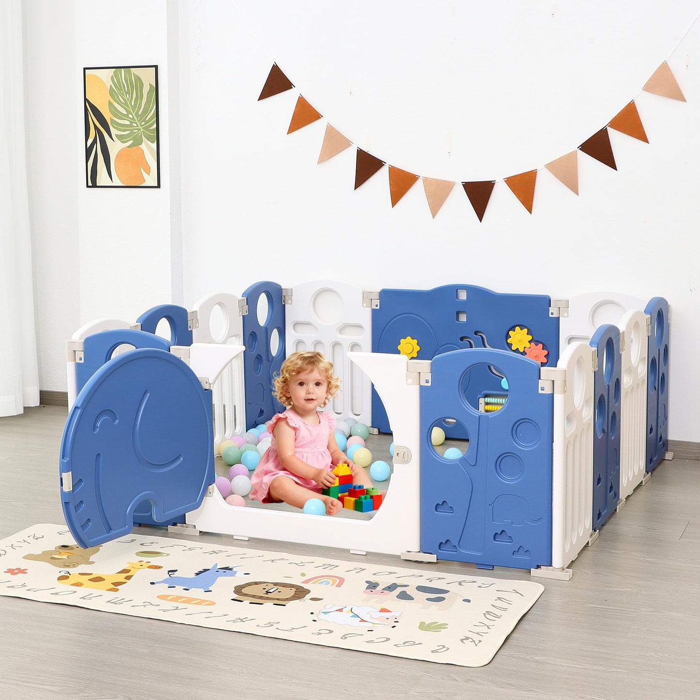 HAPPYMATY Baby Playpen, 14-Panel Foldable Play Pen for Babies and Toddlers, Indoor Outdoor Baby Fence with Sensory Play Panel, Adjustable Shape Activity Play Center, Portable & Easy Assemble