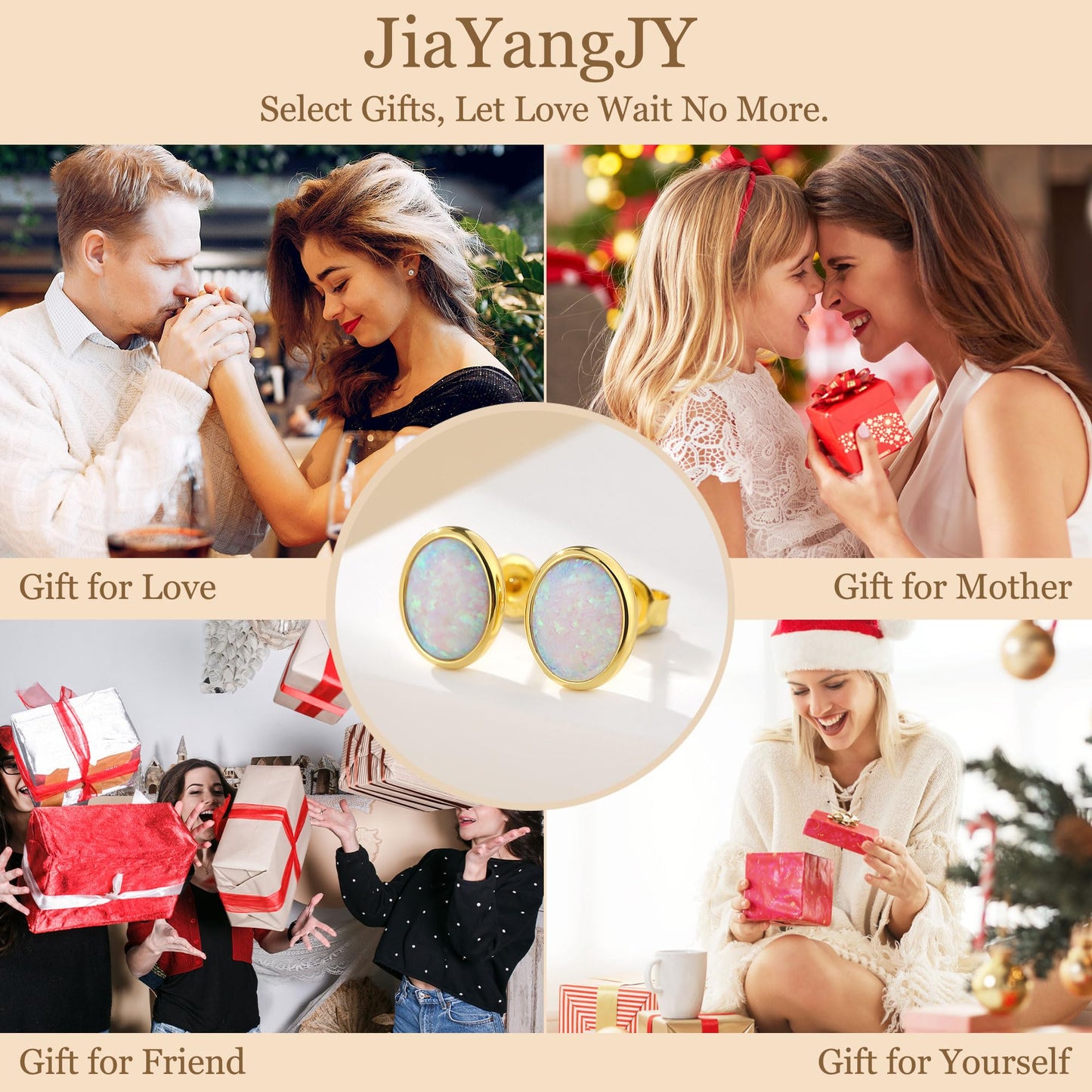 JiayangJY White Fire Opal Stud Earrings for Women 18K Yellow Gold Plated Sterling Silver Oval Shape 5mm Opal Earrings with Push Back