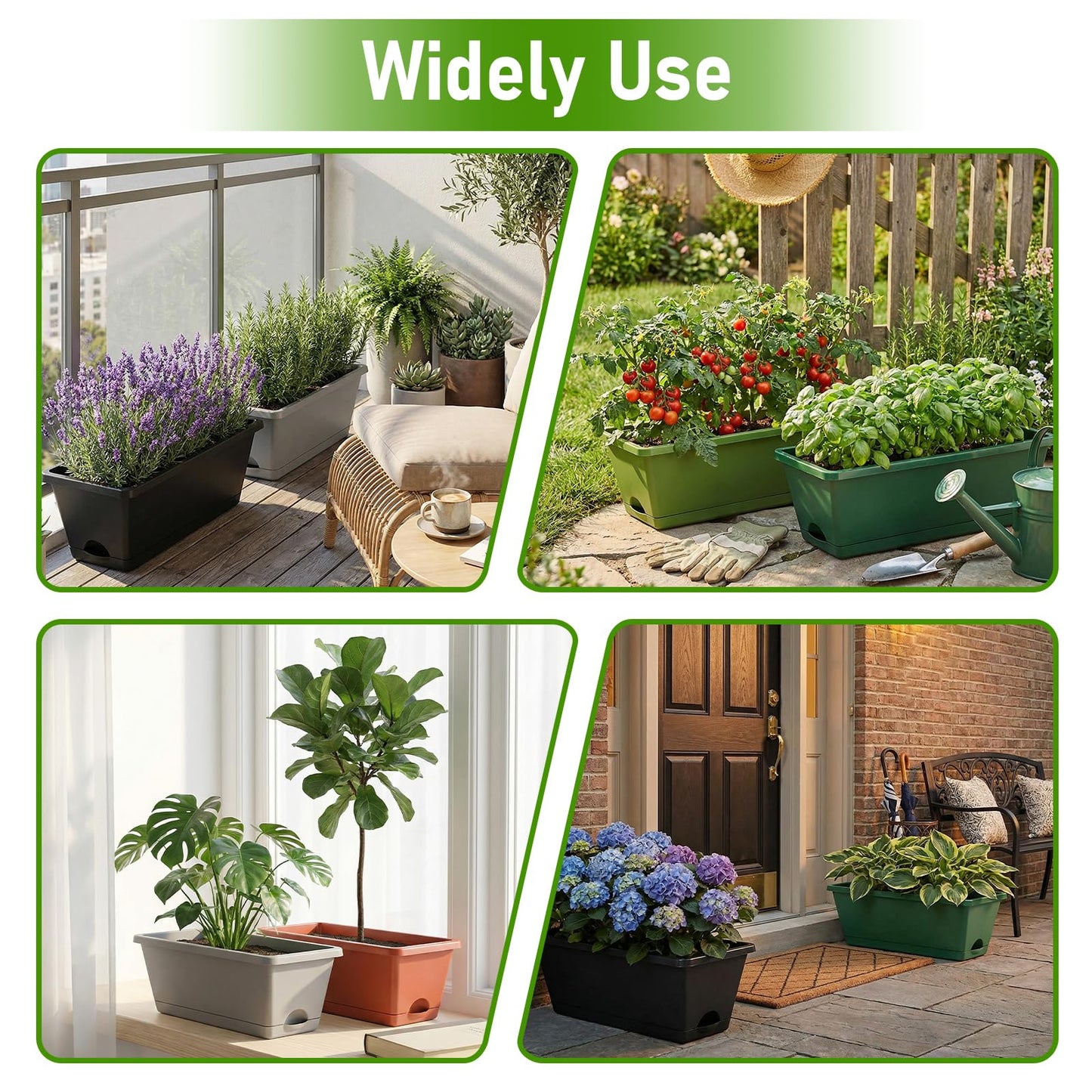 7 Pack Outdoor Planters, Plastic Rectangular Flower Pots with Saucers and Gardening Tools, 17 Inches for Indoor/Outdoor Plants, Herbs, Vegetables, Includes Trowel, Waterproof Mat & Gloves(Offwhite)