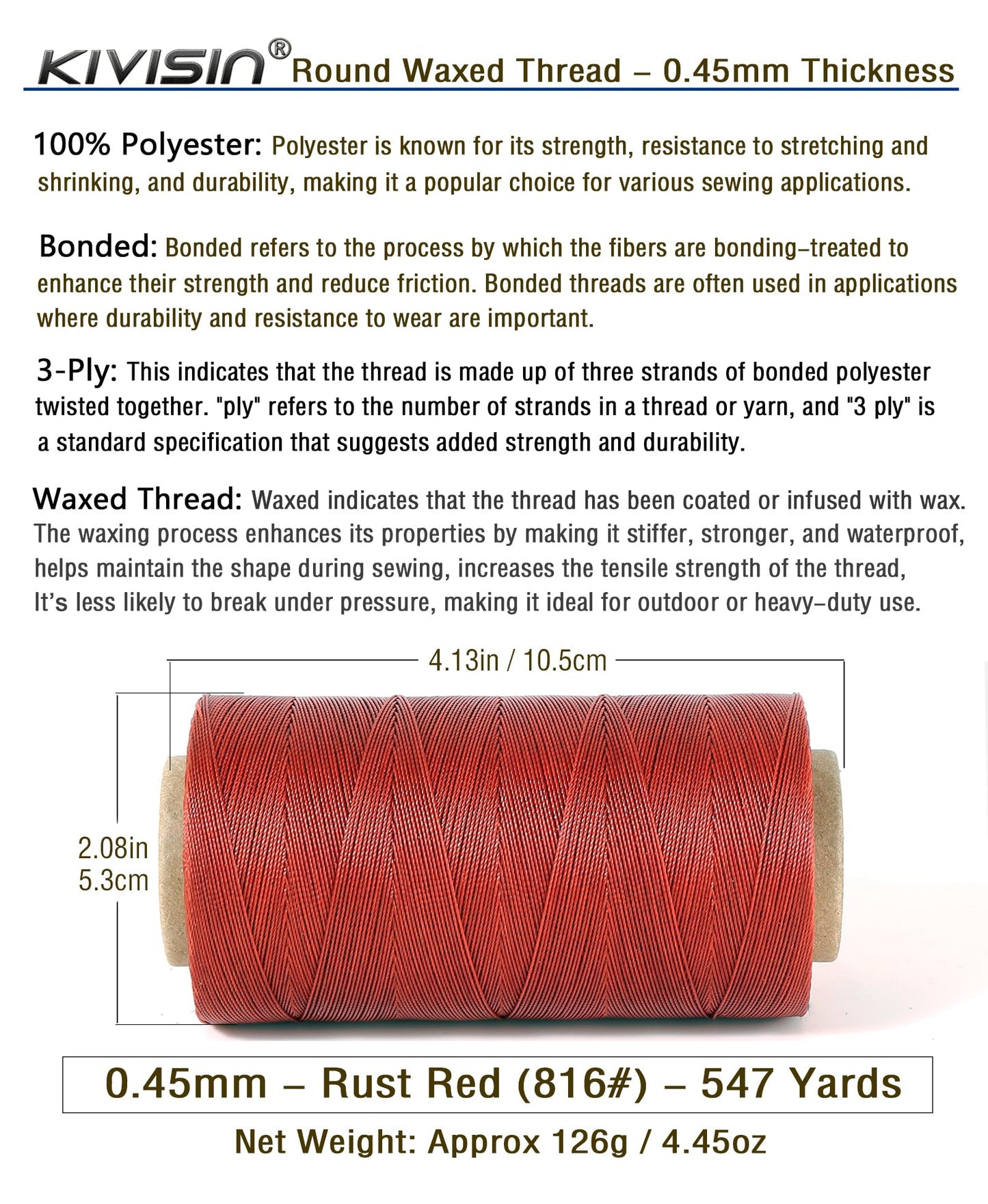 Thin Wax Polyester Thread, 0.45mm, 547 Yards, 3 Ply Round Waxed Cord Strings for Sewing, Beading, Binding, Micro Braiding, Fine Leather Craft and Micro Macrame Jewelry - Rust Red
