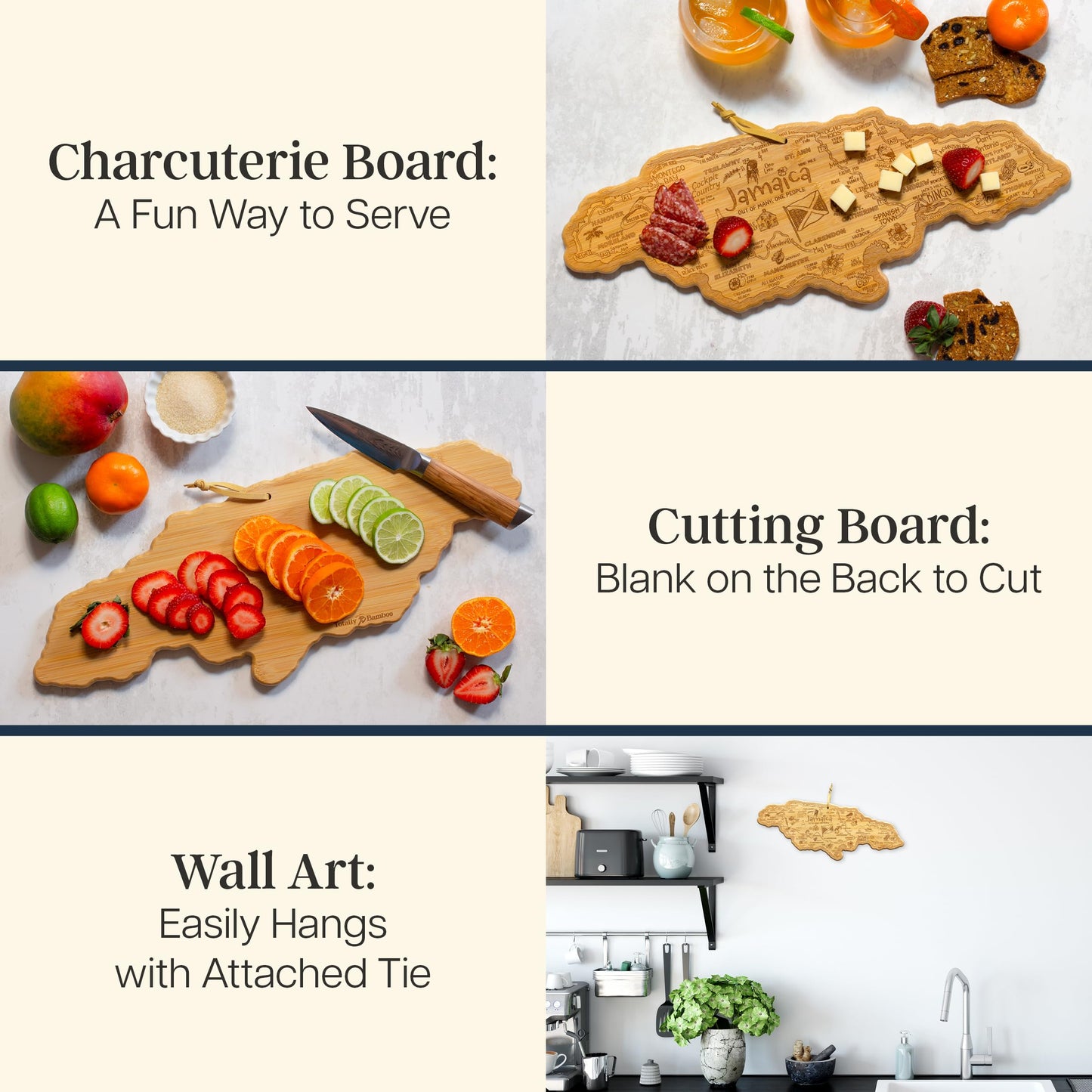 Totally Bamboo Destination Jamaica Shaped Cutting Board Bamboo Charcuterie and Serving Board with Hang Tie for Wall Display