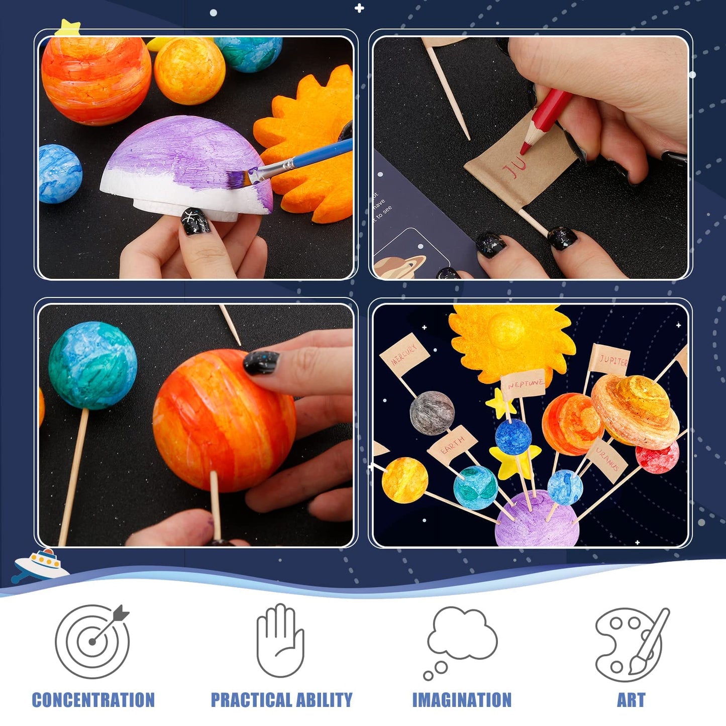 Pllieay 63PCS Solar System Foam Ball Kit Includes Color Pigments, Palette, Mixed Sized Polystyrene Spheres Balls, Toothpick Flag, Painting Brushes, Bamboo Sticks for Back to School Science Projects