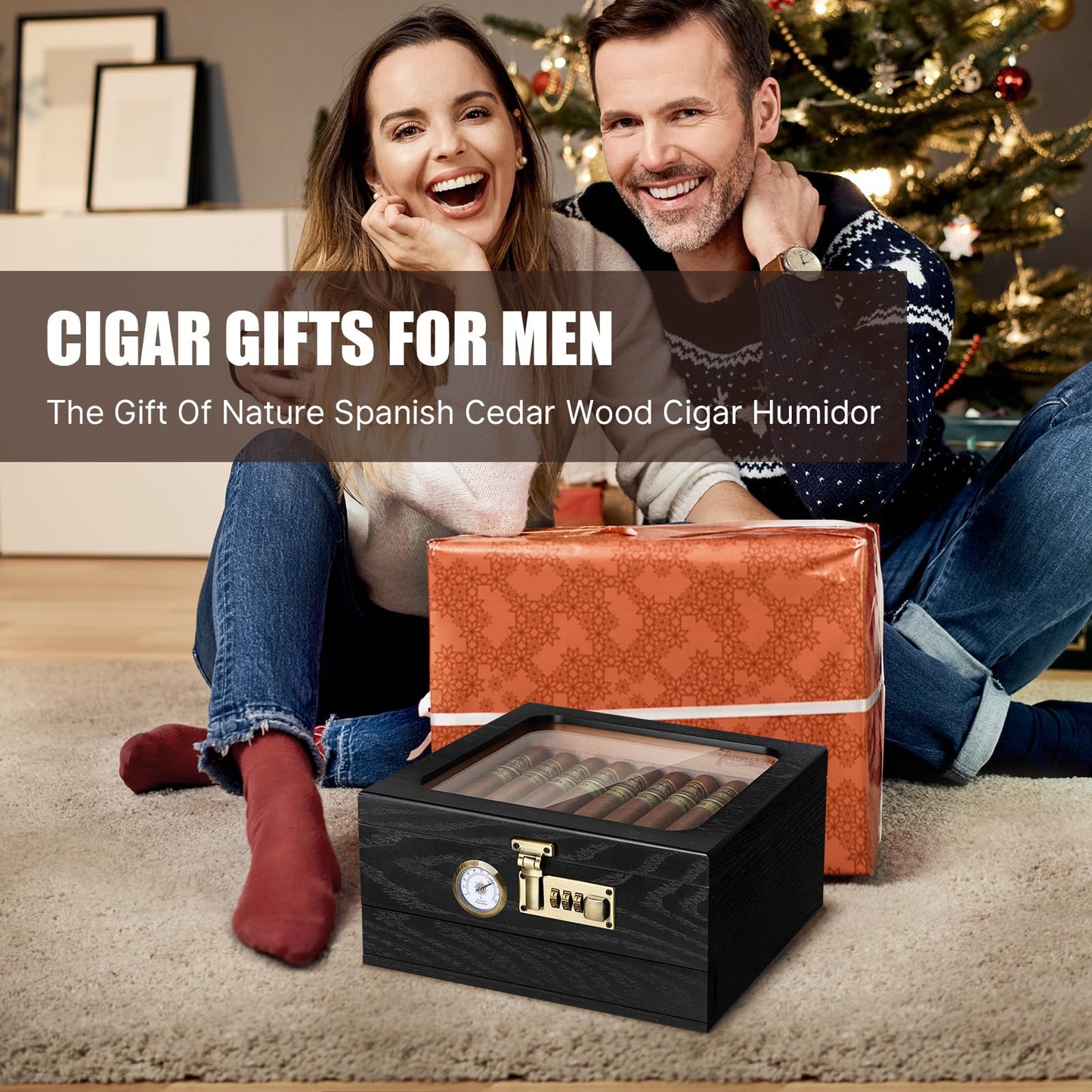 Tesonway Cigar Humidor, Cedar Wood Humidor Cigar Box, Glass Top Desktop Humidor with Front Hygrometer, Humidifier, Divider, Accessories Drawer and Combination Lock, Cigar Gifts for Men (Black)