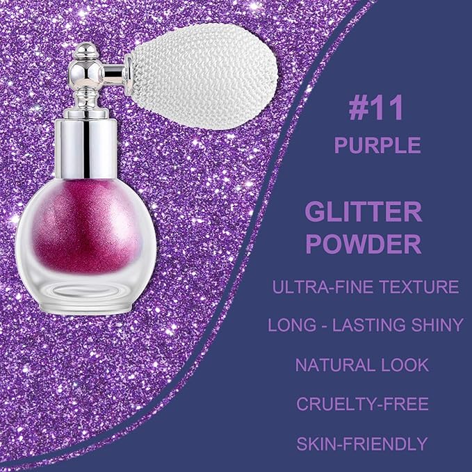 Purple Glitter Spray for Face and Body, Rich Color Loose Shimmer Powder Long Lasting Sparkly Spray High Gloss Makeup for Women Rave Festival Prom Stage Wedding Party, #11
