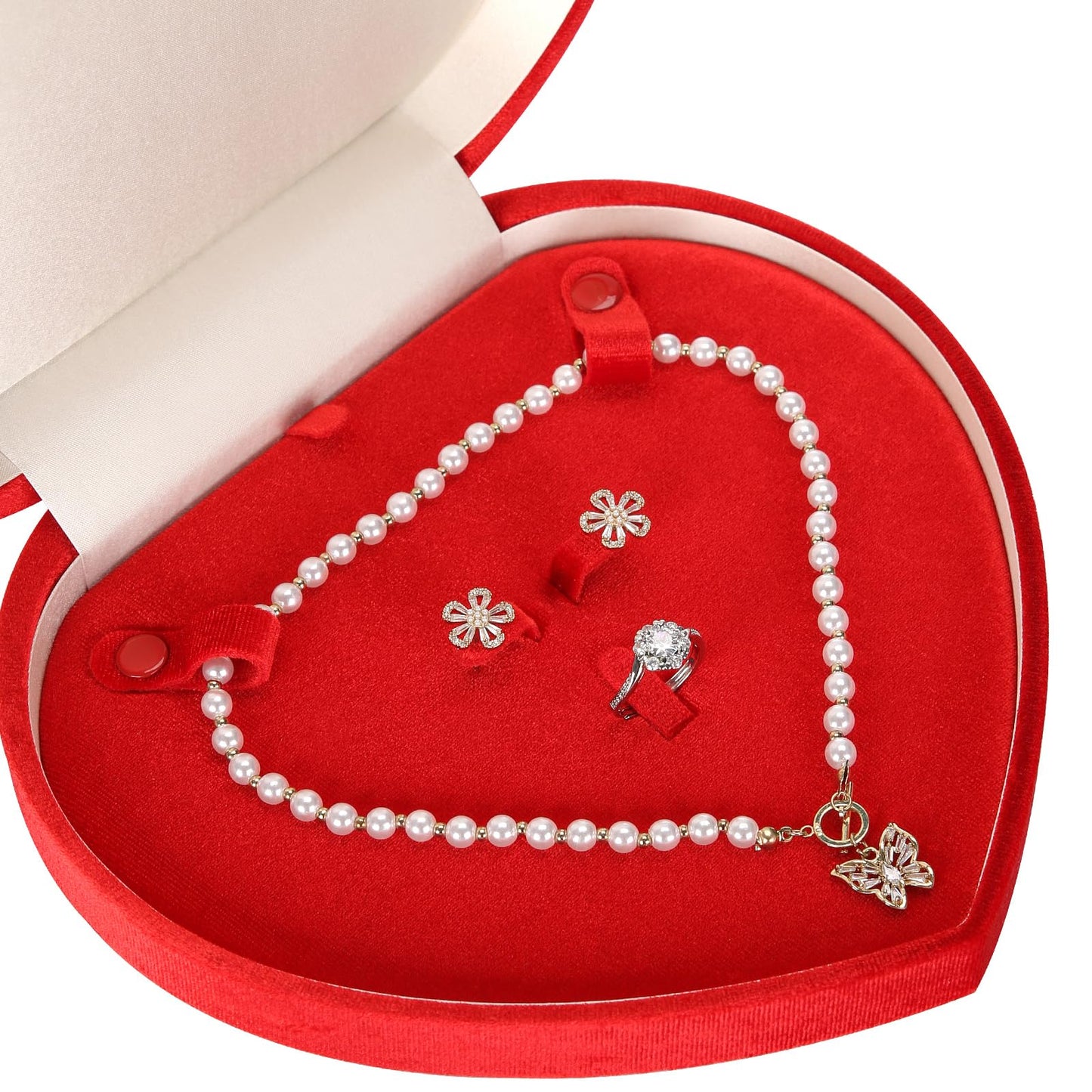 LETURE Large Jewelry Set Gift Box, Heart-Shaped Velvet Necklace Ring Earring Pearl Storage Organizer Holder Box (RED)
