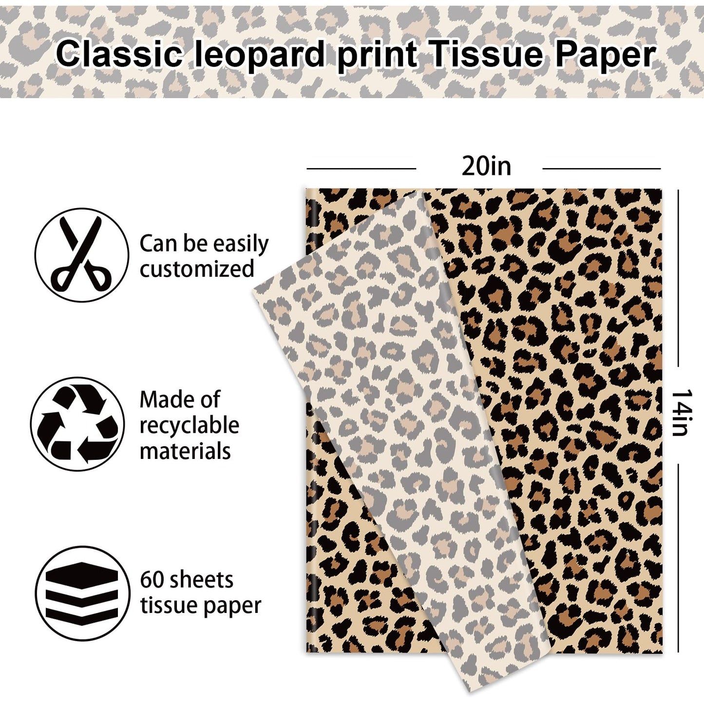 60 Sheets Leopard Print Tissue Paper Gift Wrapping Paper Floral Bouquet DIY Art Crafts Tissue for Wedding Birthday Holiday Party, 14 x 20 Inch