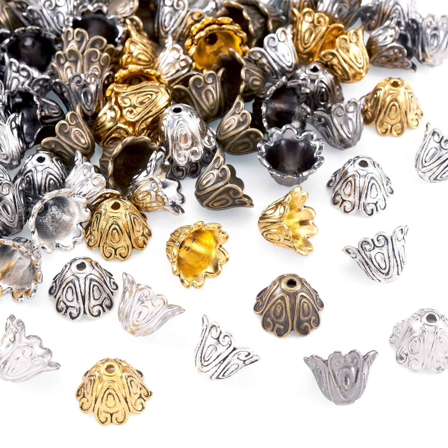 EEE ELECRELIVE 100Pcs Flower Cone Bead Caps 5 Colors Floral Tassel Earring Bead Caps 15mm Antique Style Metal End Beads for Tassel Earring Bracelet Jewelry Making Supplies