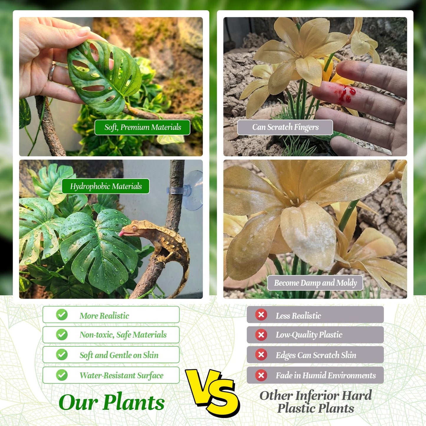 5 Pcs Reptile Plants & Habitat Decor Kit - 3 Artificial Plants & Large 5ft Jungle Vine Branch, Amphibian Habitat Hideout Tank Decorations fit Crested Gecko Leopard Lizard Chameleon Ball Python Frog