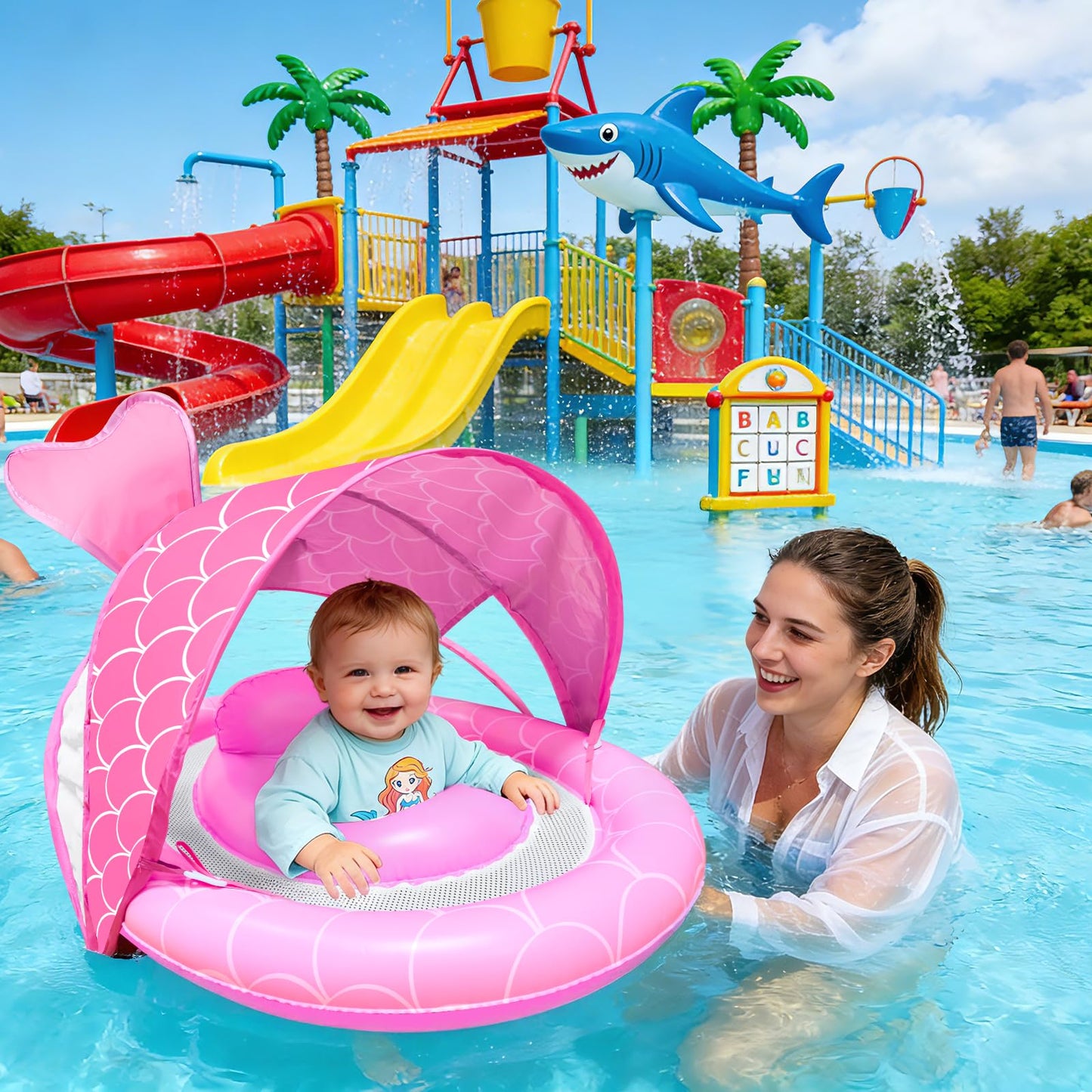 Baby Float with Canopy for Age 6-36 Months, UPF50+ Sun Protection 4 Stage Adjustable Canopy Dual Air Chambers Adjustable Safety Seat Inflatable Swim Pool Float for Baby Toddler