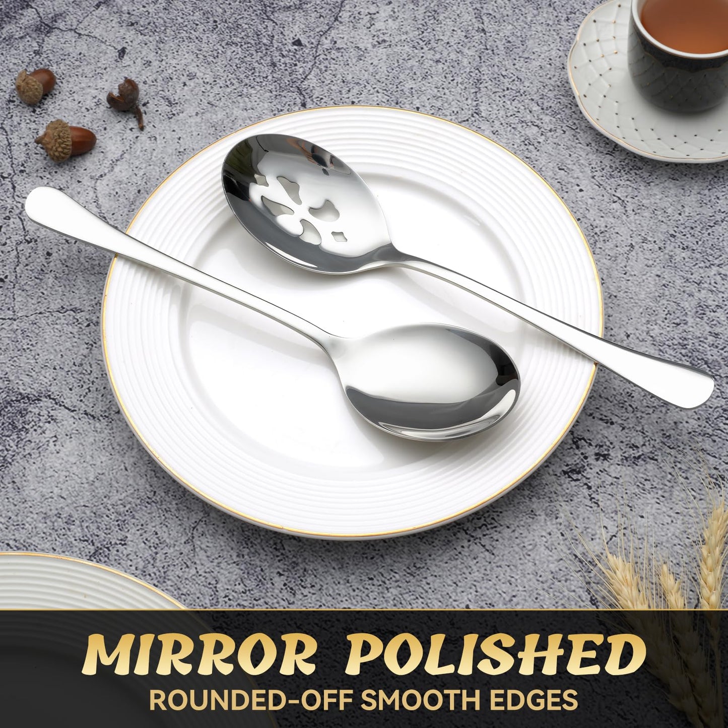 Keyoxy 6 Piece Stainless Steel Serving Spoon Set - 3 Large, 3 Slotted,Dishwasher Safe,10-Inch,for Parties/Kitchen/Buffet/Catering