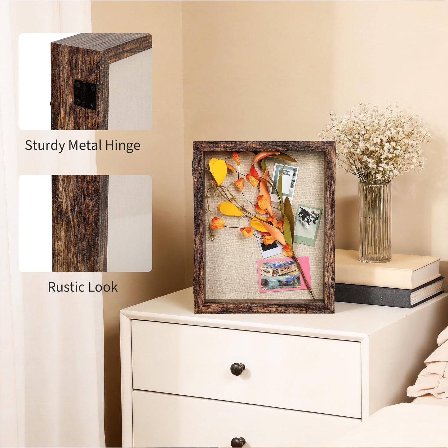 8x10 Shadow Box Frame with Linen Back - Real Glass, Push Pins Included, Sturdy Rustic Memory Display Case, Fits 6.8x8.8 Inserts