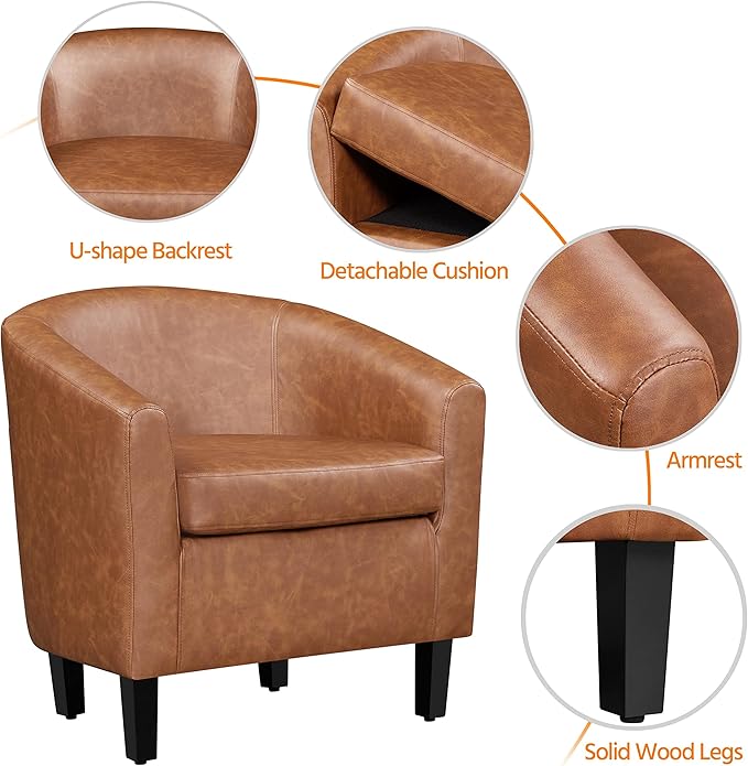 Yaheetech Leather Accent Chair, Faux Leather Armchair, Modern Barrel Club Chair with Soft Seat for Living Room Bedroom Reading Waiting Room, Brown