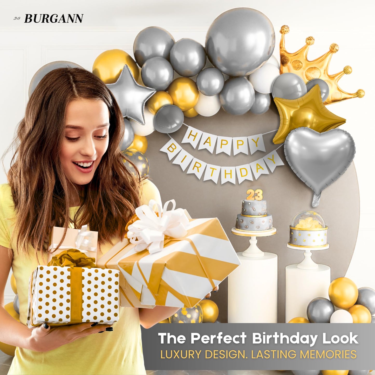 BURGANN Gold Birthday Party Decorations Set, White Silver Gold Balloon Garland Kit with Banner, Crown, Champagne Bottle, Foil Backdrop