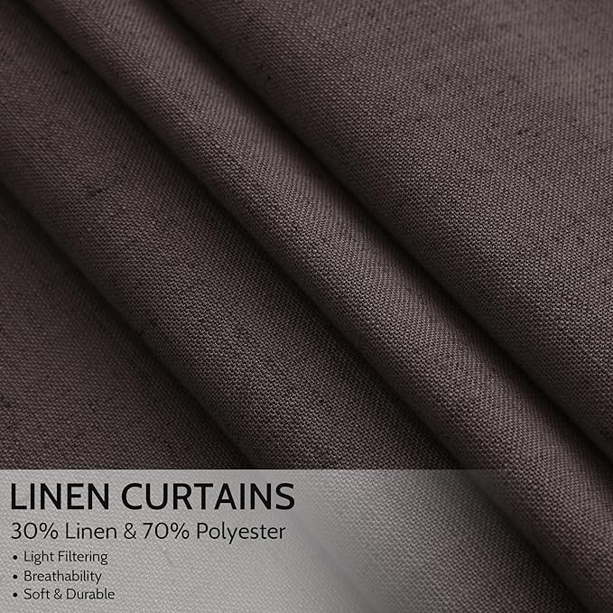 Nanspring Cocoa Coffee Curtains 102 Inches Long, Back Tab Linen Blend Light Filtering Semi Sheer Privacy Drapes for Living Room & Bedroom, 52x102 inch, 2 Panels