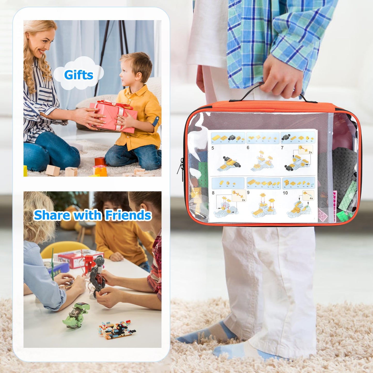 Rexmica 4-piece Toy Storage Organizer Bag, Travel Organizer Case for Building Blocks, Dolls, Crafts, Magnetic Building Tiles, Blocks Toy Storage Bag with Visible Top