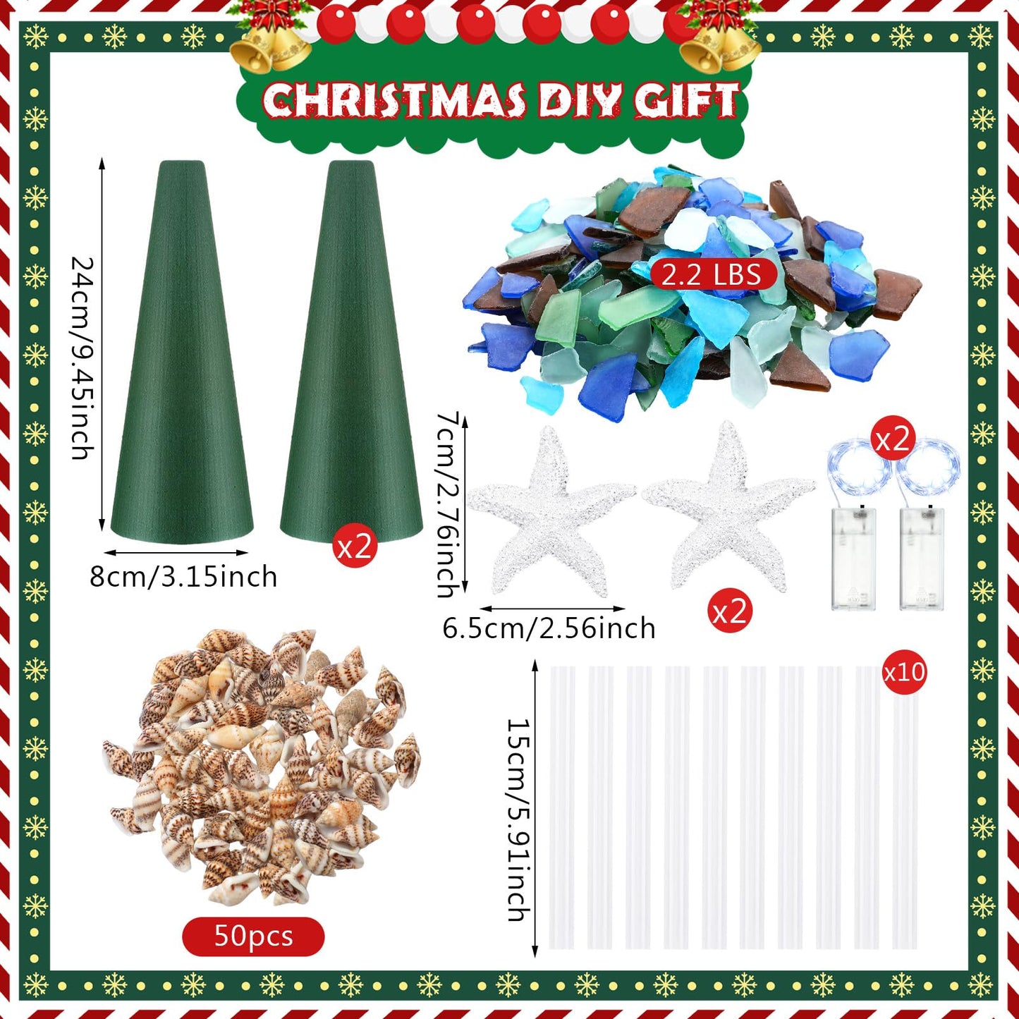 Innconee 2 Pack DIY Sea Glass Christmas Tree Handmade Kit Tabletop Shells Beach Christmas Trees Handcrafted Coastal Xmas Decor for Ocean Birthday Party Table Centerpiece (9.45'' X 3.15'')