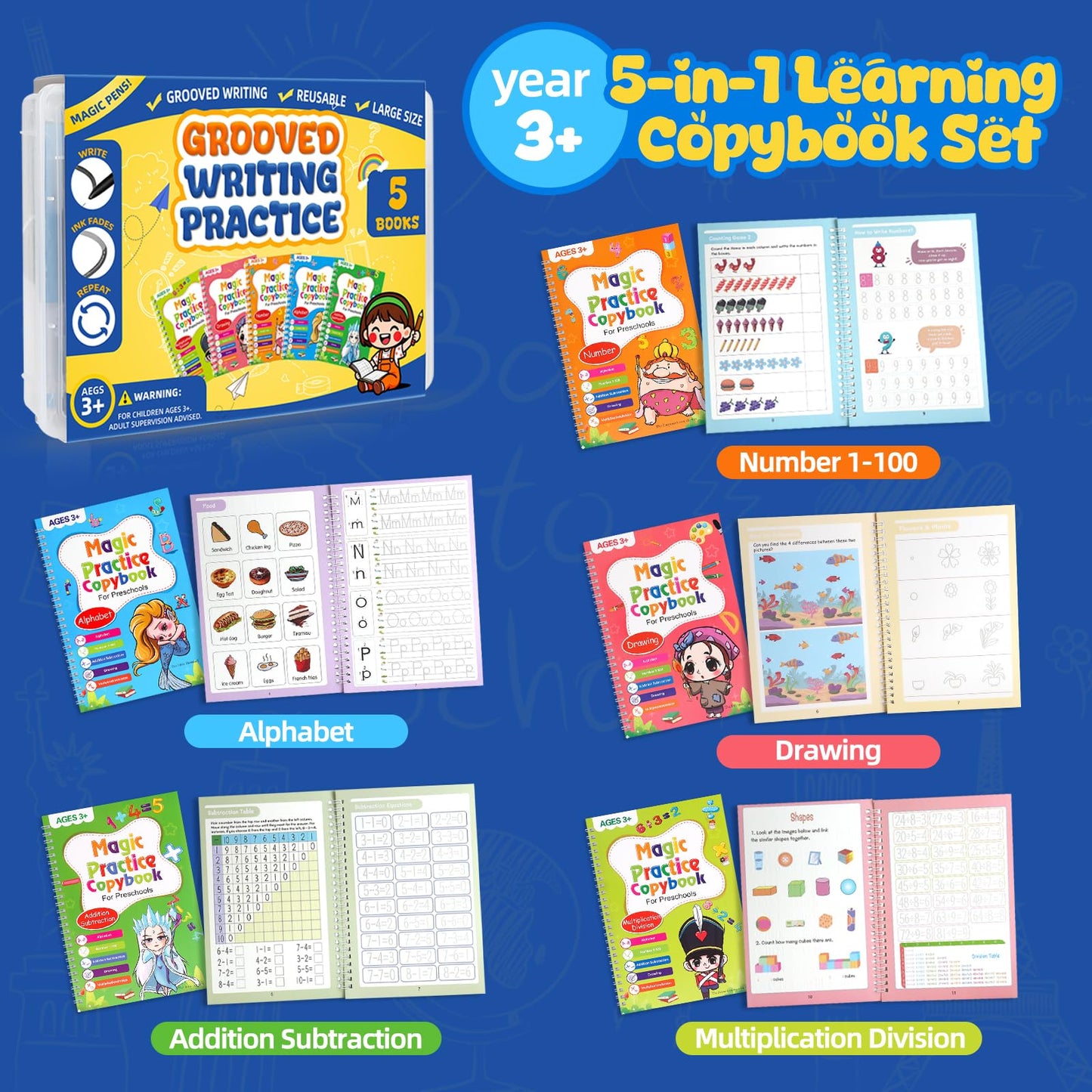 Magic Grooved Writing Practice Books for Kids Age 3-5 6-8, Reusable Large Size Grooved Writing Practice Copybooks, Handwriting Practice, Kids Writing Helper