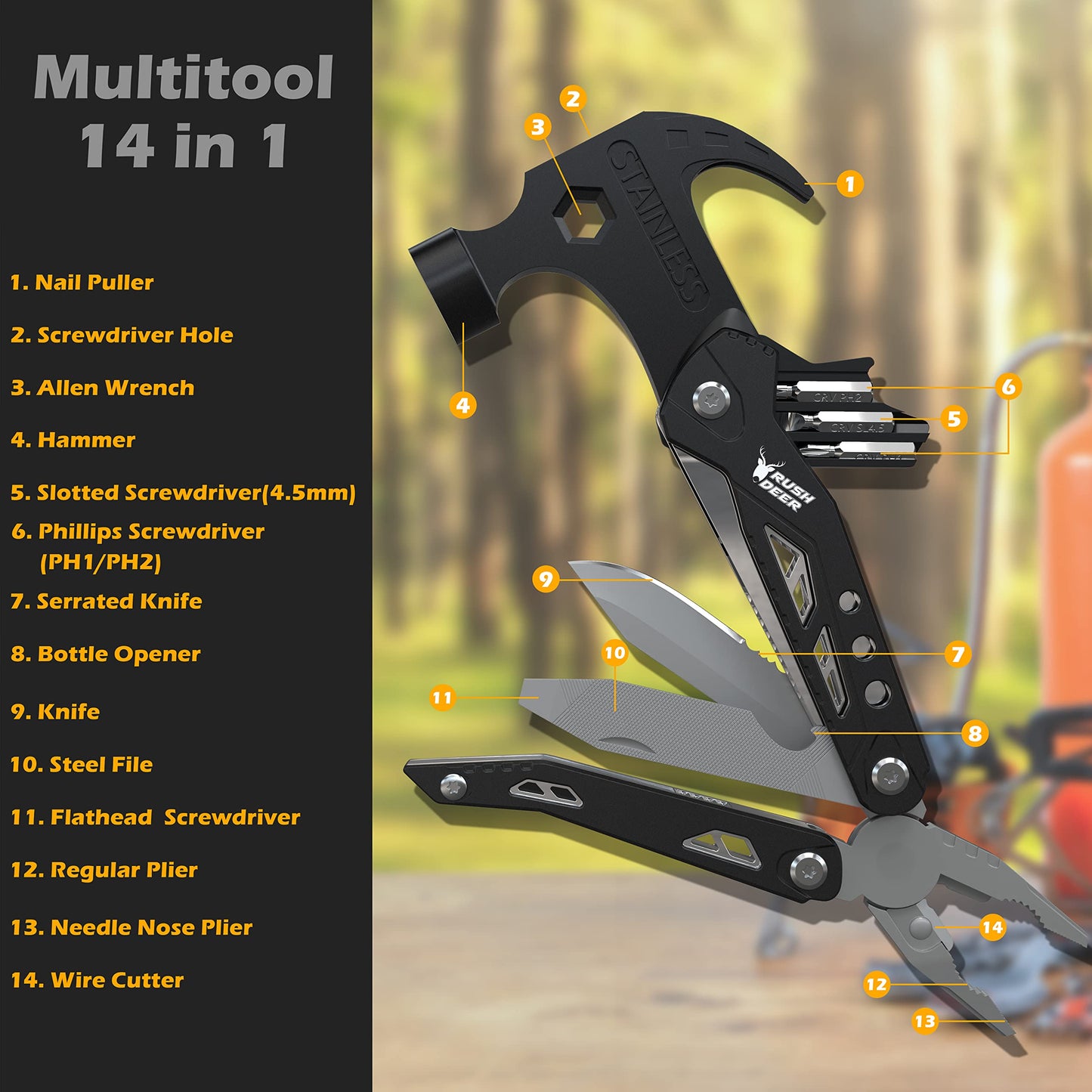 RUSH DEER 14-in-1 Multitool, Valentines Day Gifts for Men Dad Gifts, Mini Hammer Multitool, Small Hammer Tool, Survival Gear and Supplies, Christmas Gift for Boy Husbands