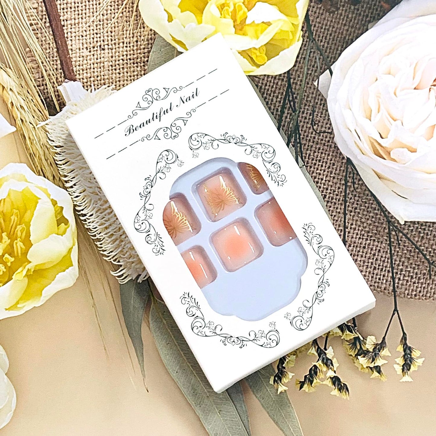 FIEONCIY 24pcs Press-on Square Acrylic False Nails Set with Glue, Gold Butterfly & Rhinestone Design, Spring & Summer Theme, Full Cover Nails, Modern Style