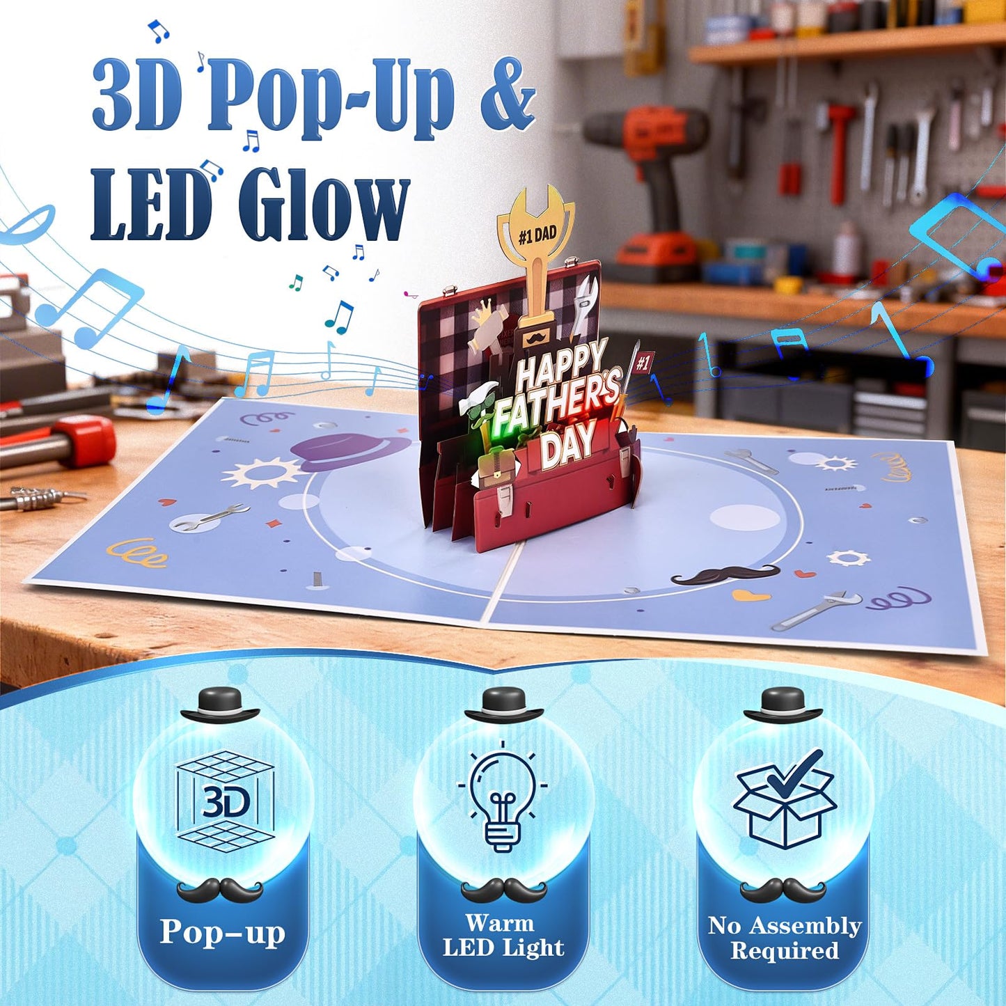 Leopong Father's Day Pop Up Card, Musical & LED Lighted 3D Toolbox,Unique Greeting Gift for Dad/Husband