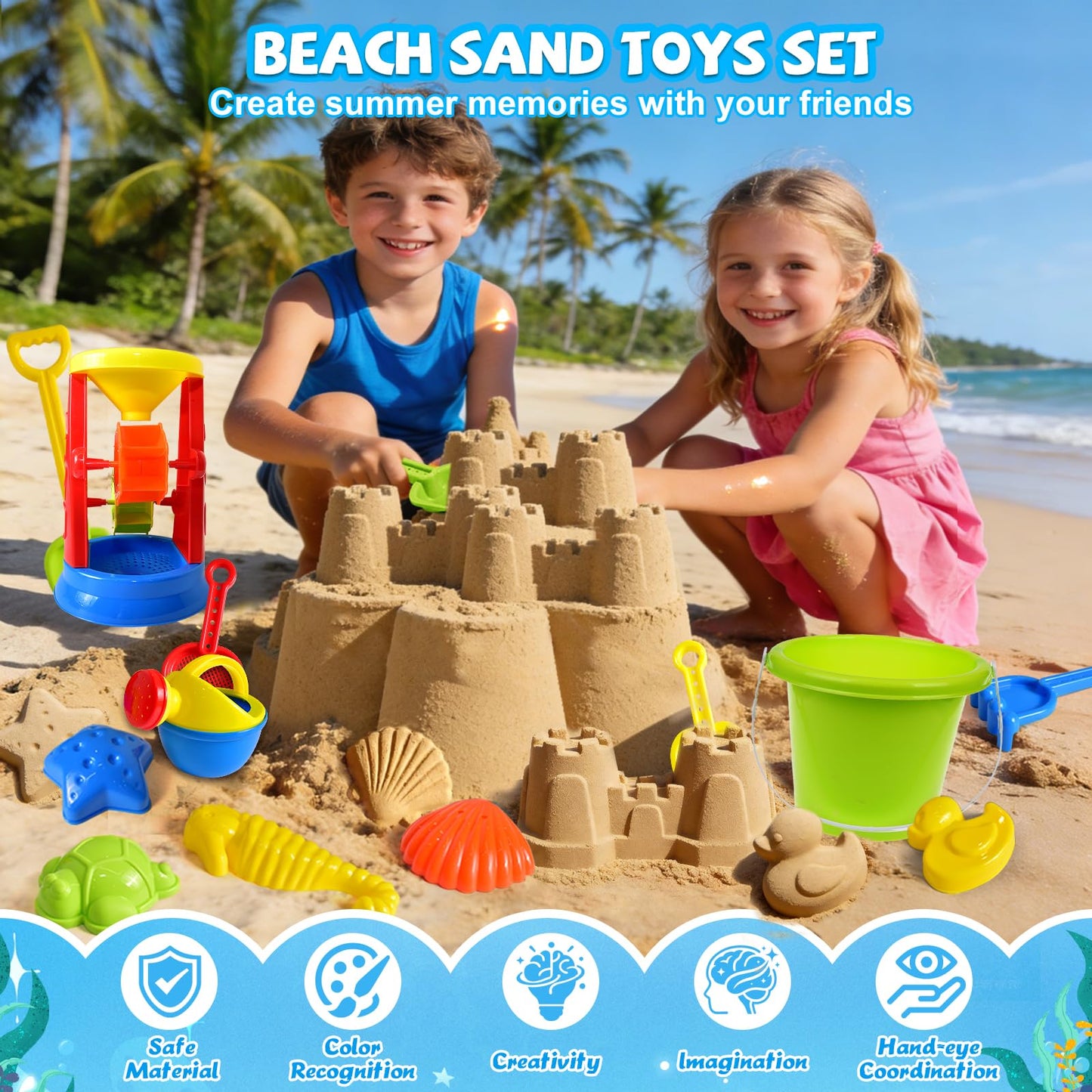 Beach Toys, 19 Piece Sand Toys Set Kids Sandbox Toys Includes Water Wheel Beach Tool Kit Bucket Watering Can Molds with Mesh Bag for Kids Ages 3-13